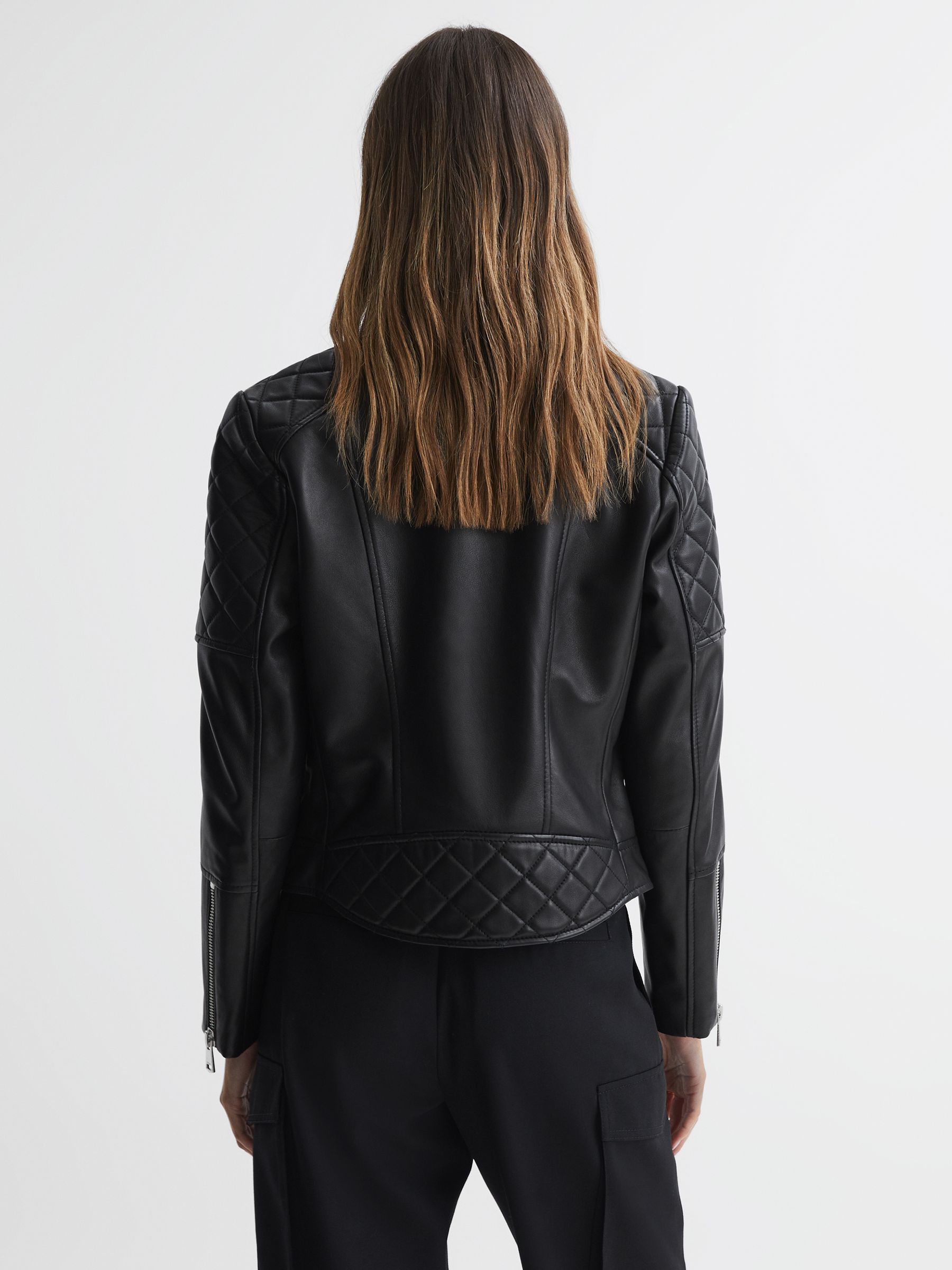 Leather Collarless Quilted Jacket in Black - Image 5 of 5