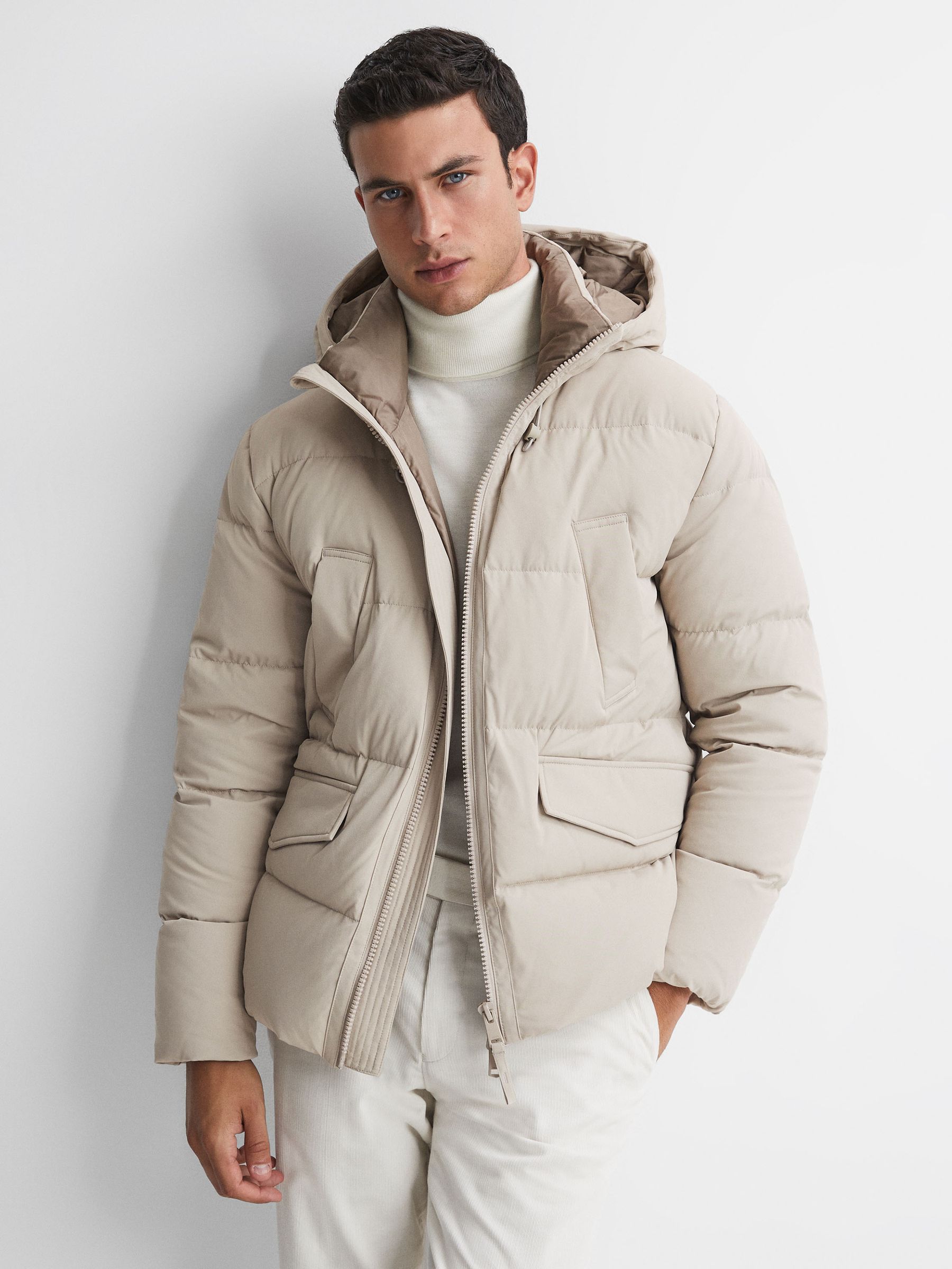 Hooded Puffer Jacket Reiss Parka Mens Grey Puffa Coats With Fur - Main Image
