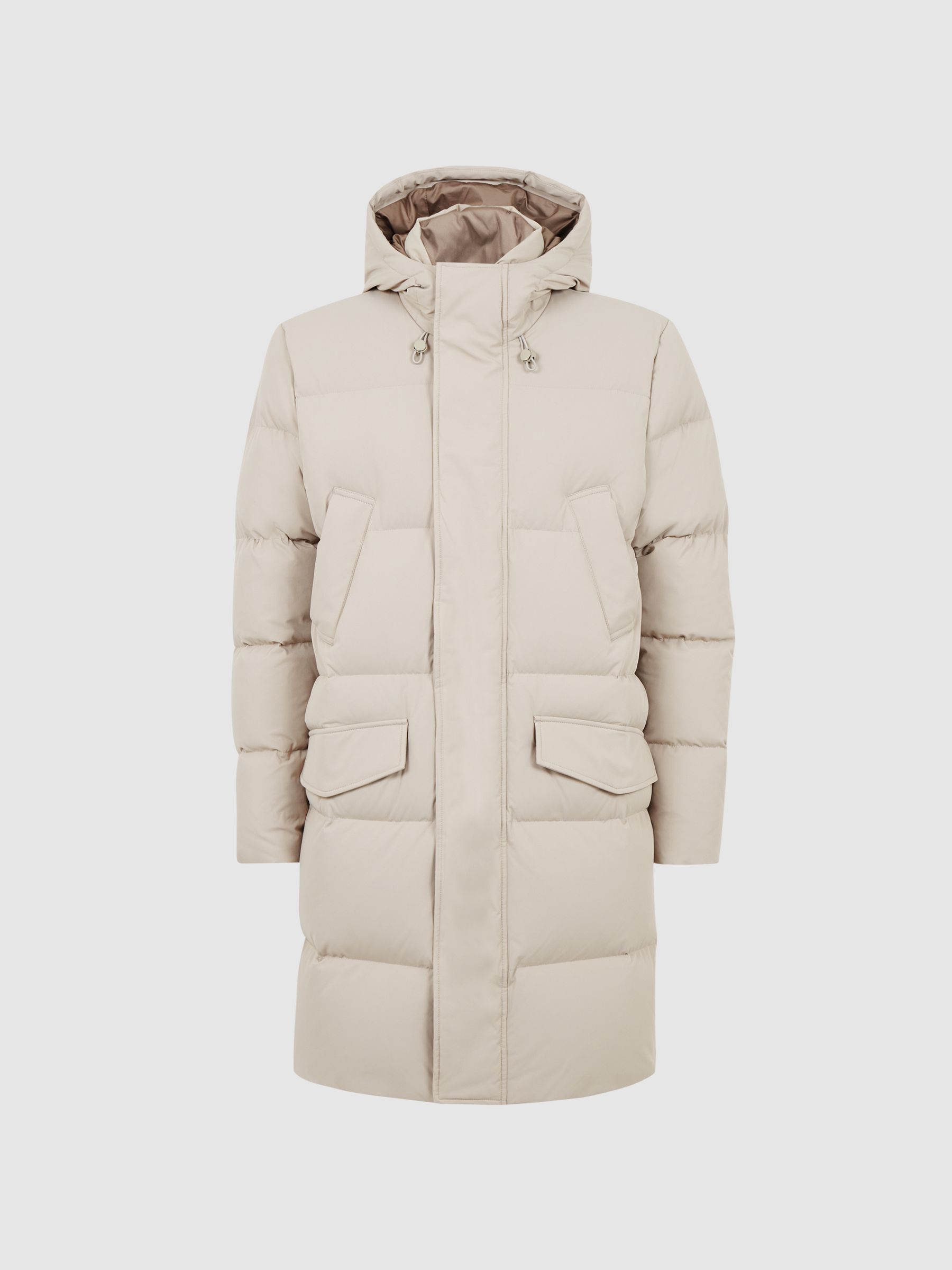 Reiss Hooded Mid Length Puffer Jacket in Stone - REISS