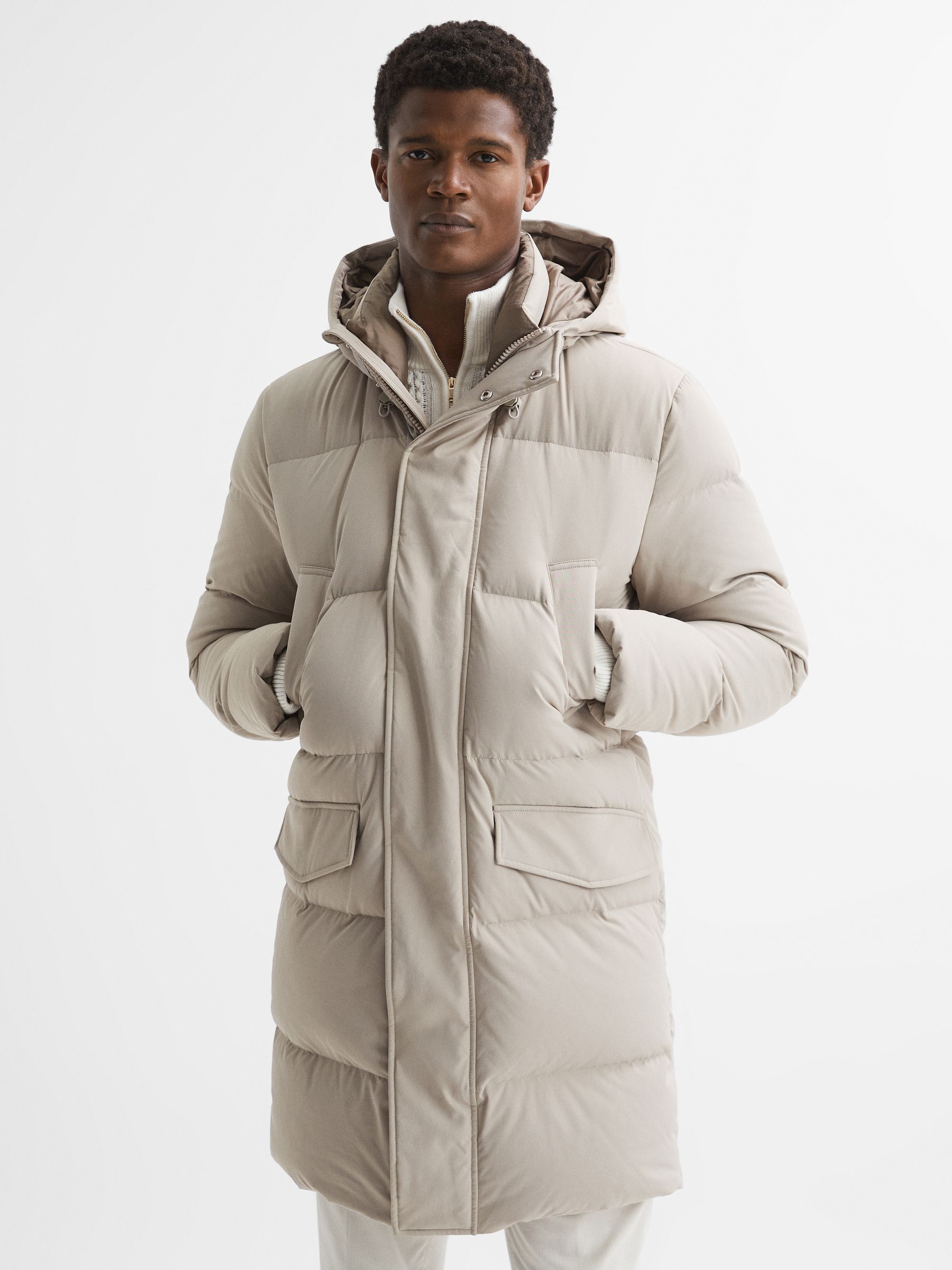 Reiss Hooded Mid Length Puffer Jacket in Stone - REISS