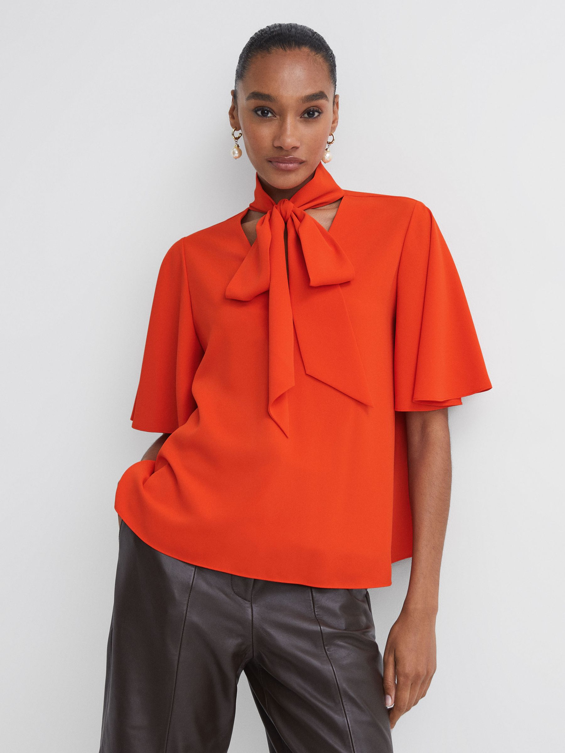 Florere Tie Neck Blouse in Bright Orange - Image 1 of 5