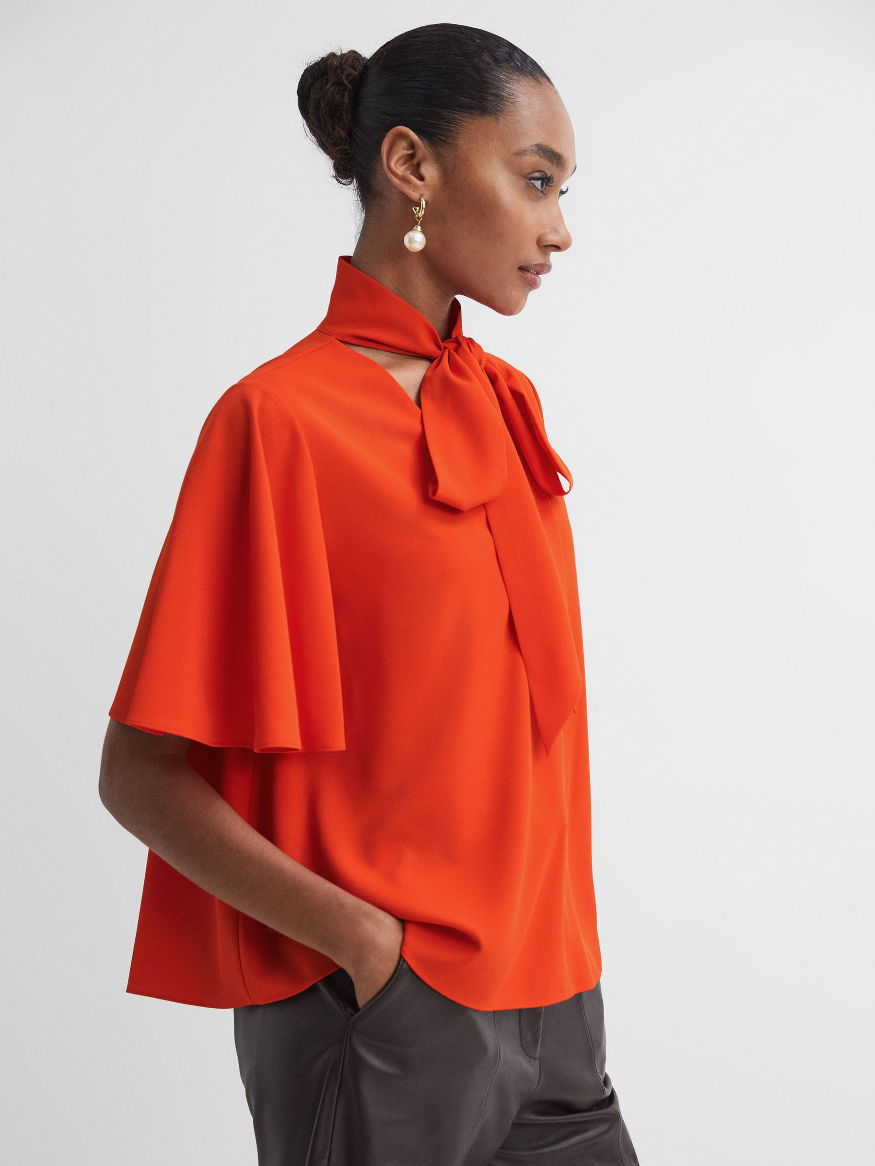 Florere Tie Neck Blouse in Bright Orange - Image 4 of 5