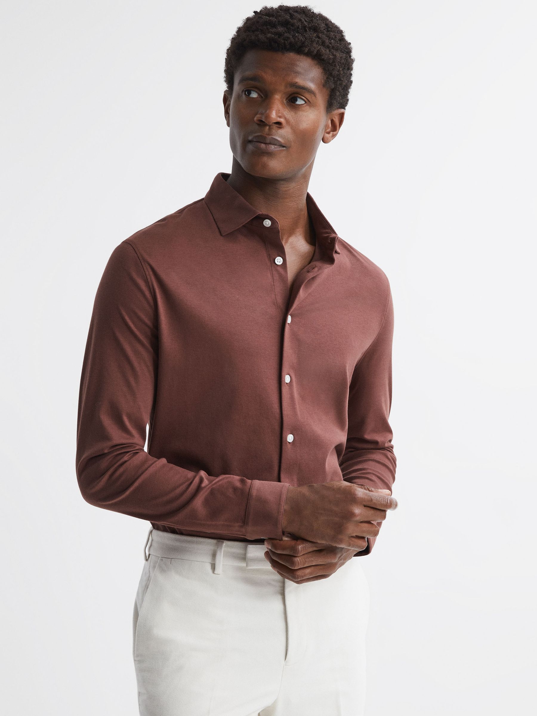 Slim Fit Mercerised Cotton Jersey Shirt in Copper - Image 1 of 5