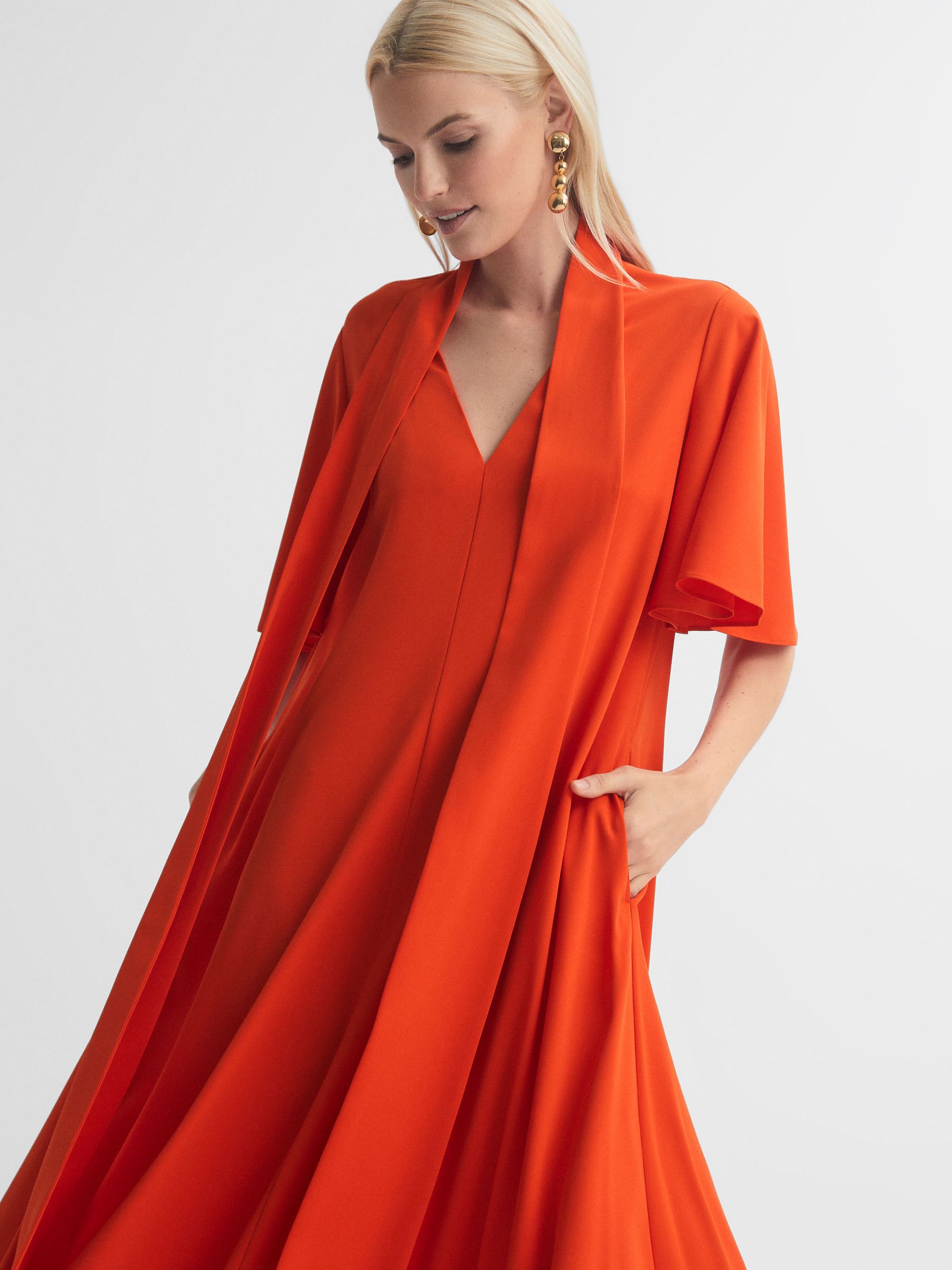 Florere Tie Neck Midi Dress in Bright Orange - Image 1 of 6