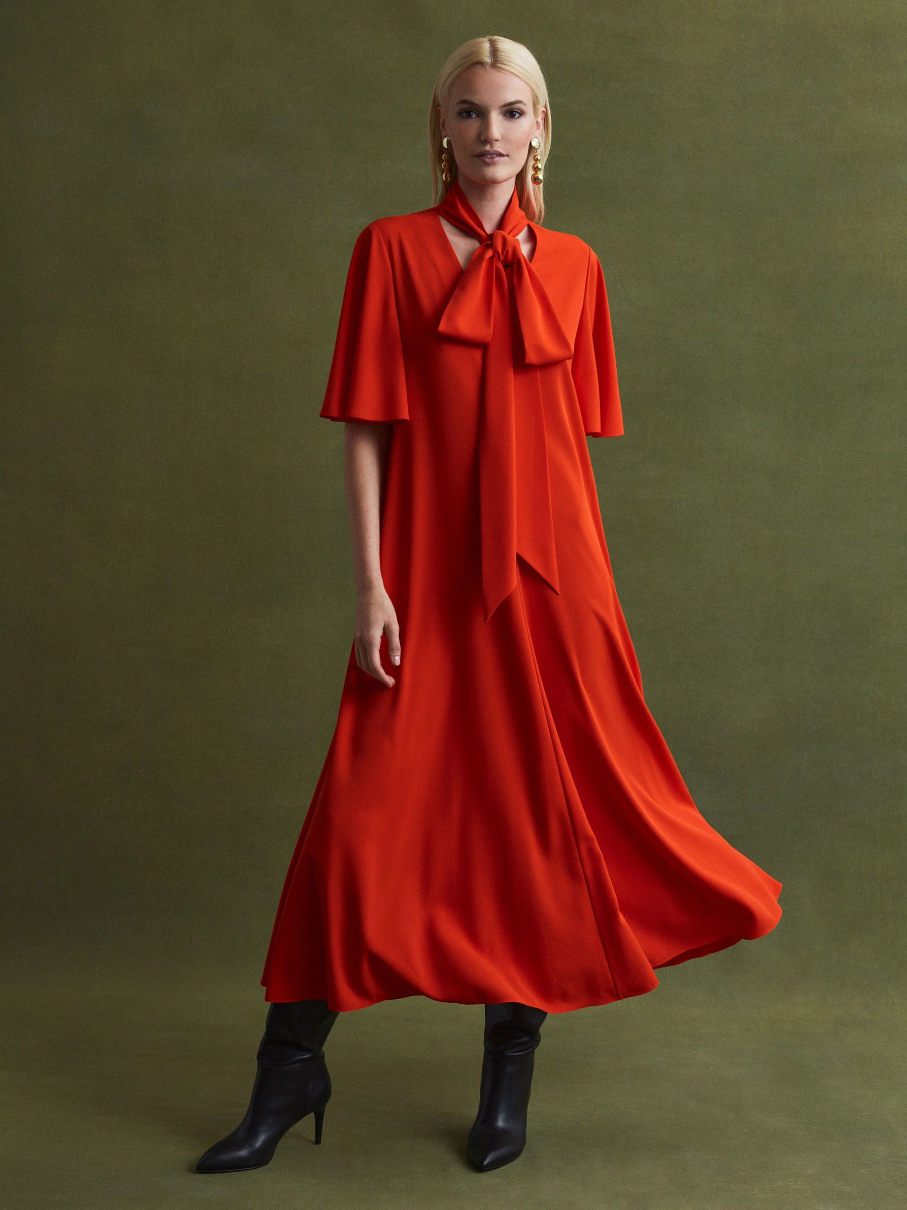 Florere Tie Neck Midi Dress in Bright Orange - Image 3 of 6