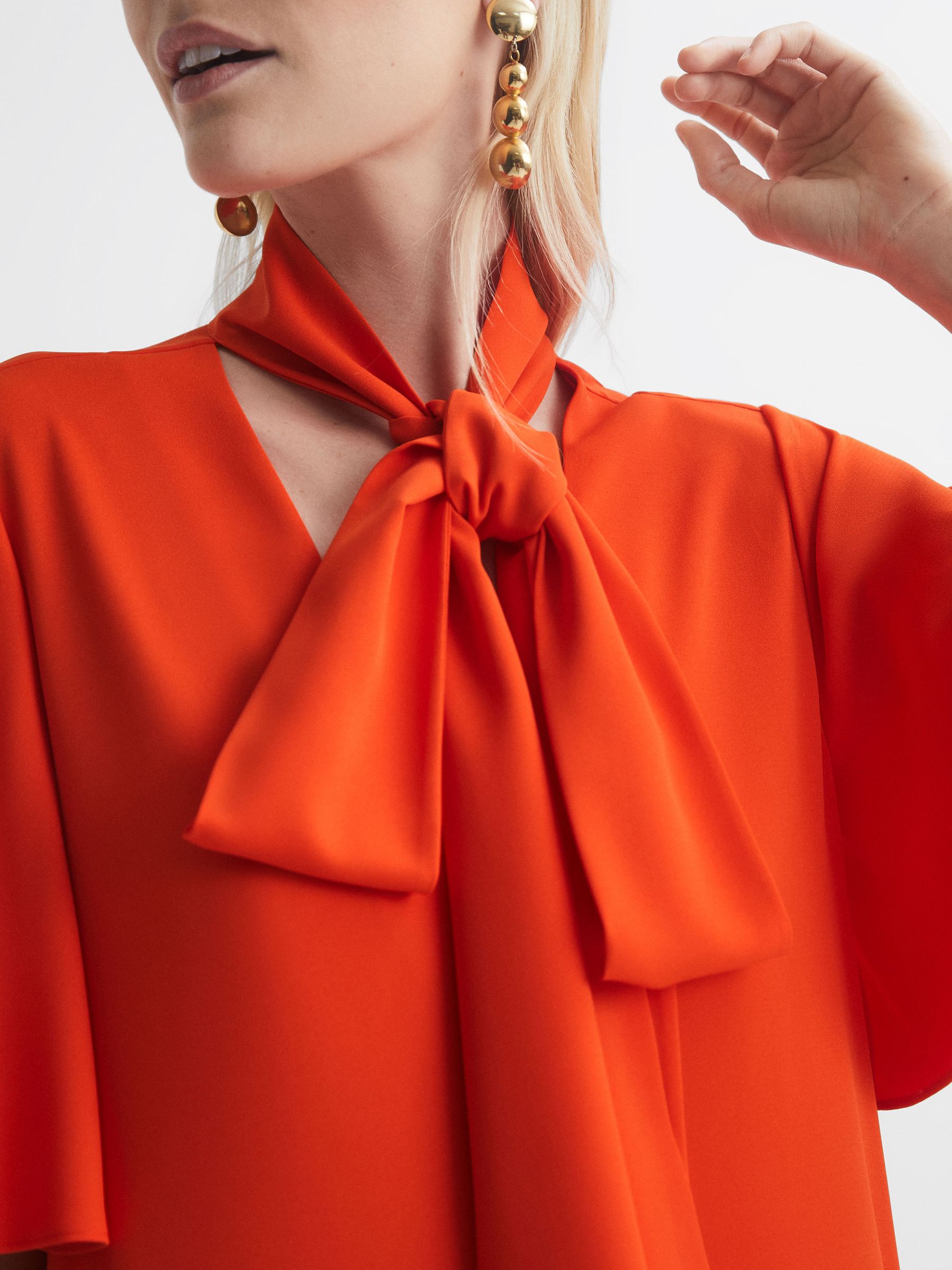 Florere Tie Neck Midi Dress in Bright Orange - Image 4 of 6