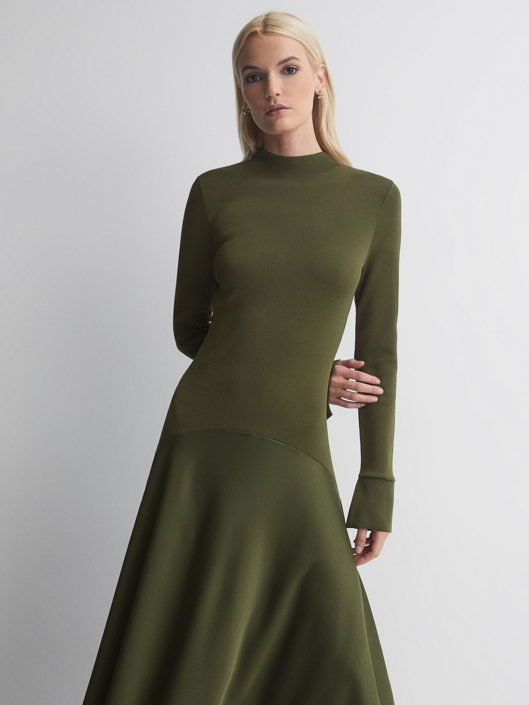 Florere Knitted Satin Midi Dress in Khaki - Image 1 of 6