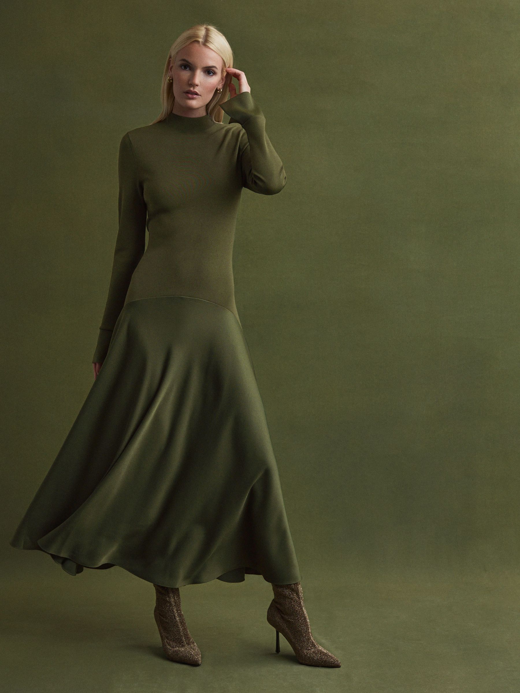 Florere Knitted Satin Midi Dress in Khaki - Image 3 of 6