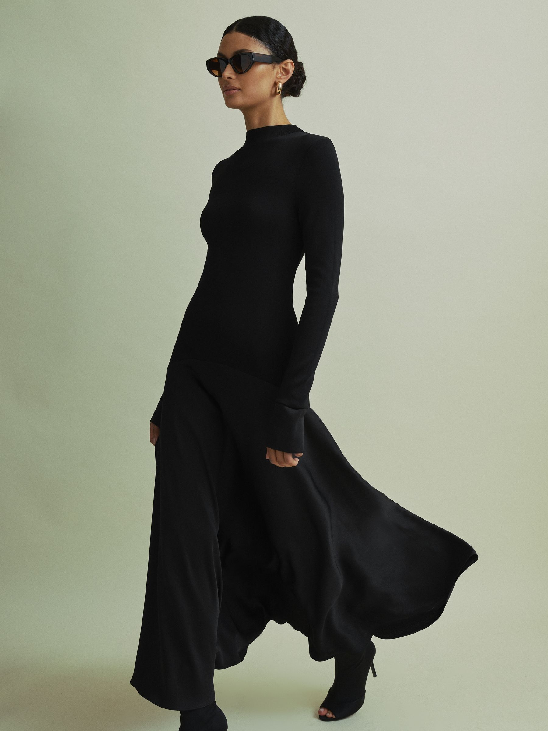 Florere Knitted Satin Midi Dress in Black - Image 1 of 6
