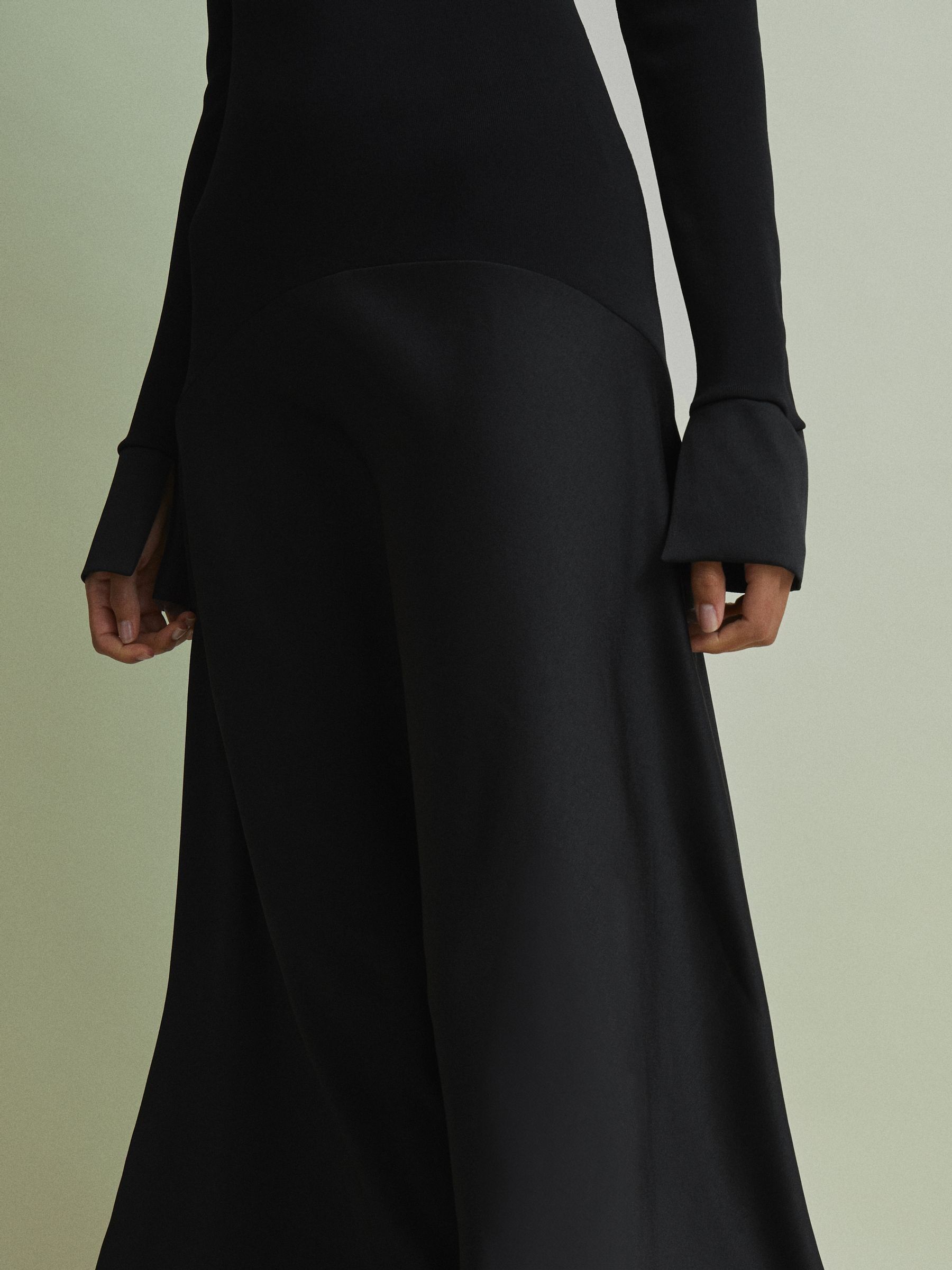 florere hybrid knit satin midi dress Reiss Knitted in Black Bone