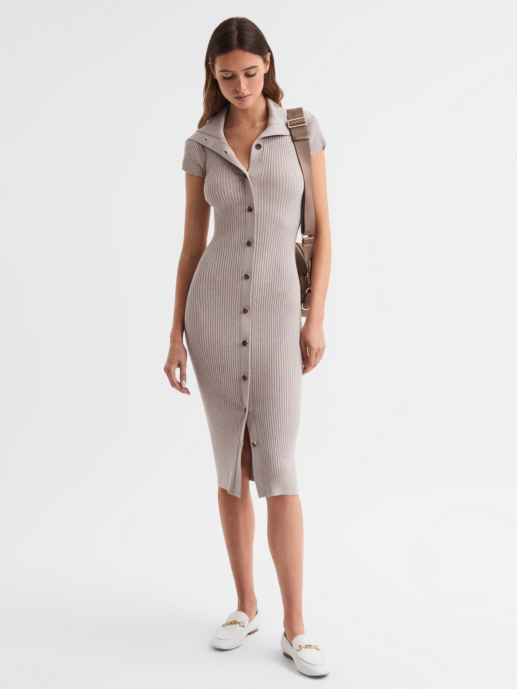 Petite Knitted Ribbed Midi Dress in Neutral - Image 1 of 6