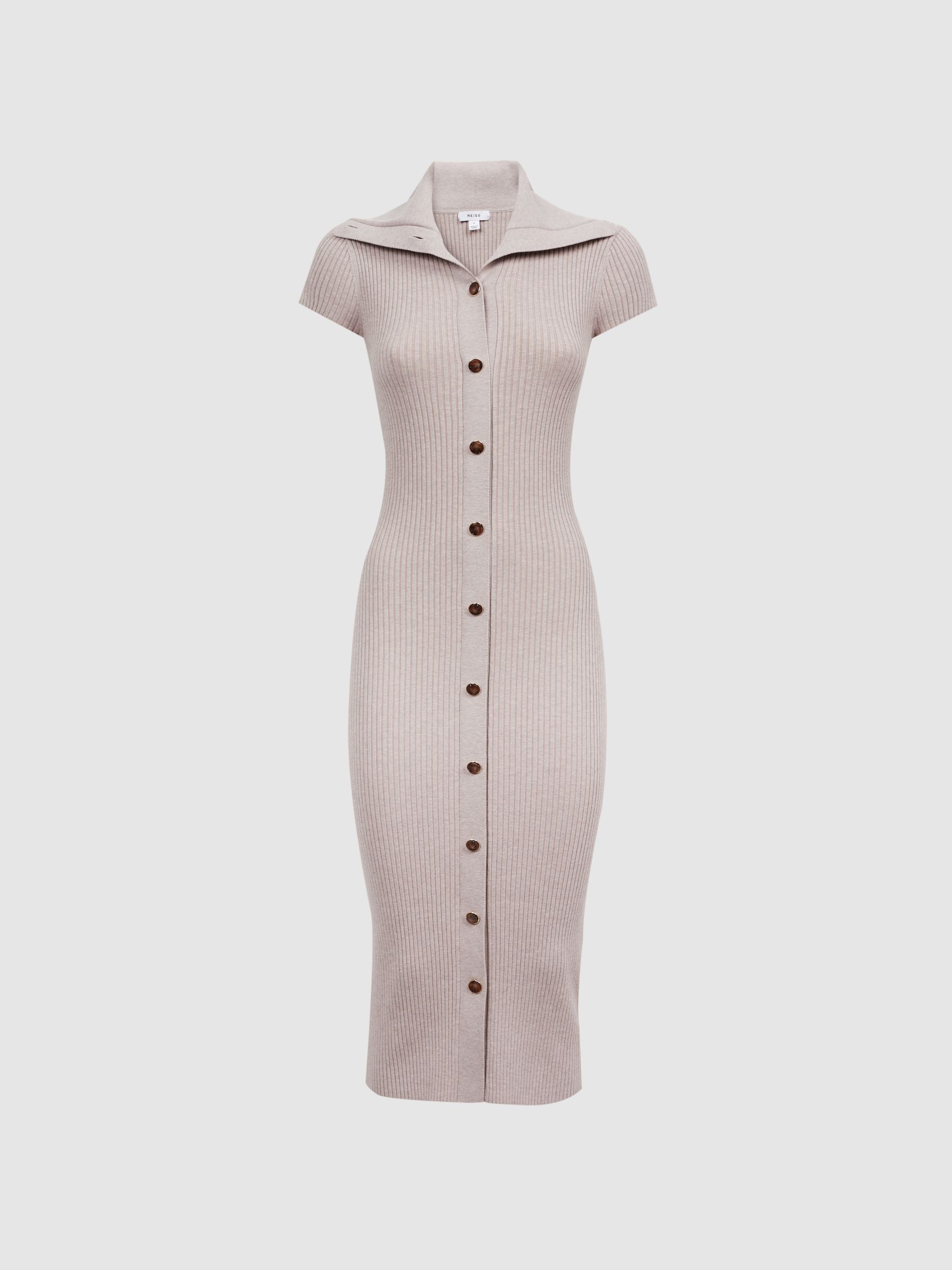 Petite Knitted Ribbed Midi Dress in Neutral - Image 2 of 6
