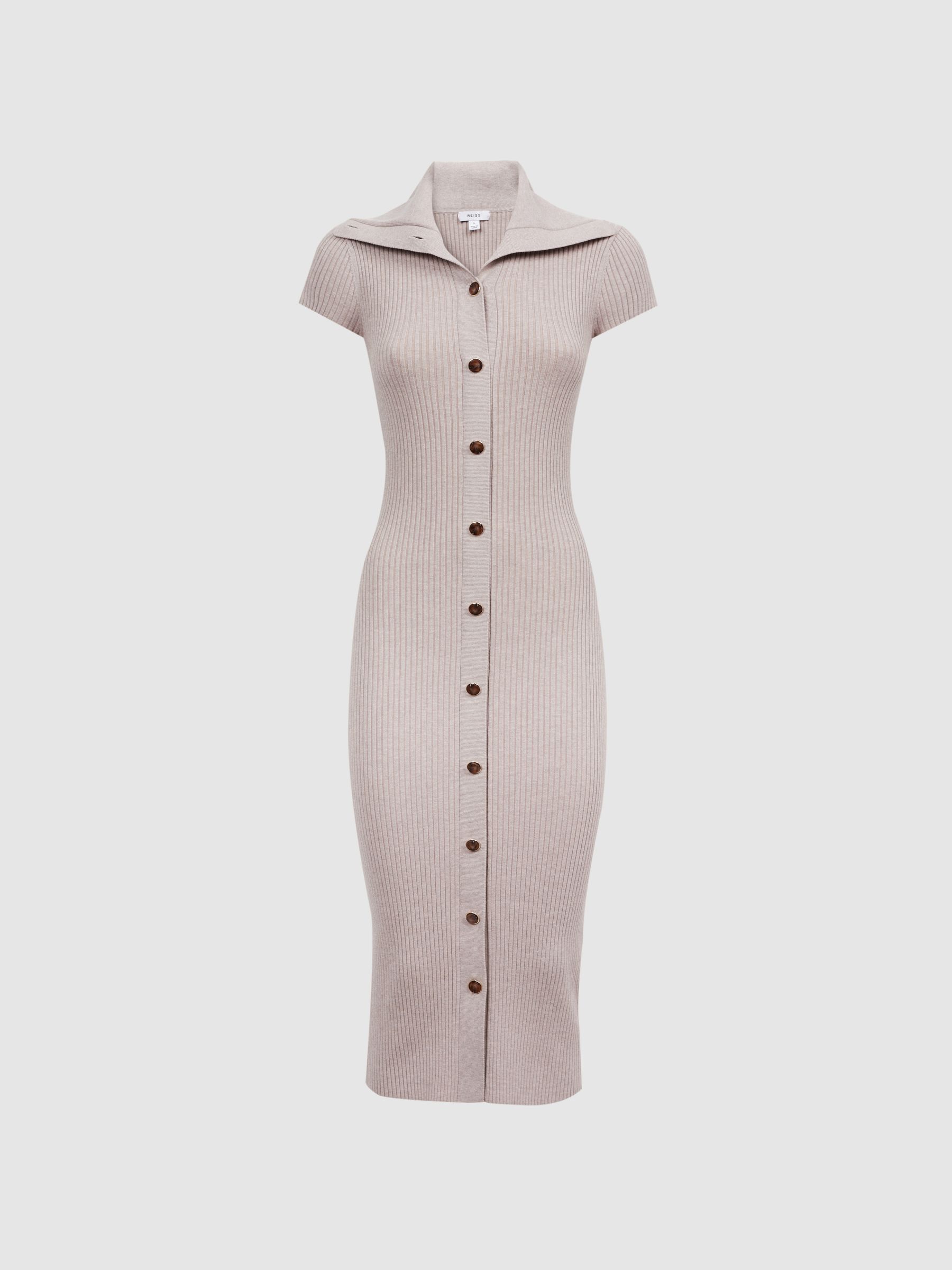 Knitted Ribbed Midi Dress in Neutral - Image 2 of 6