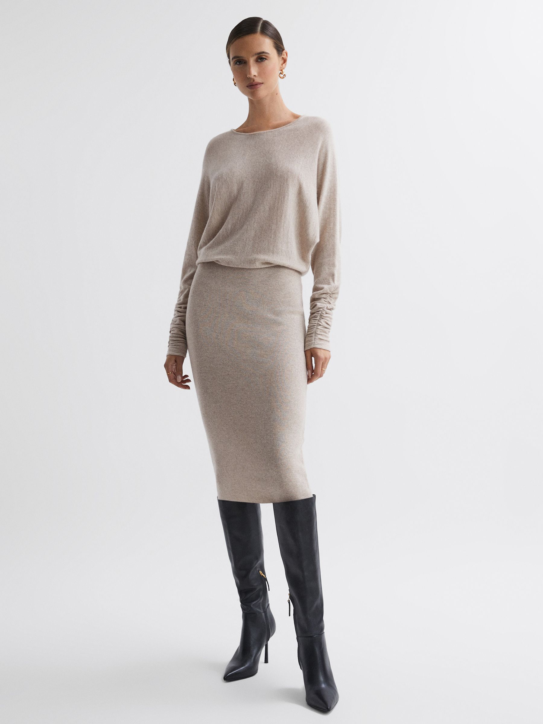 Wool Blend Ruched Sleeve Midi Dress in Neutral - Image 1 of 5