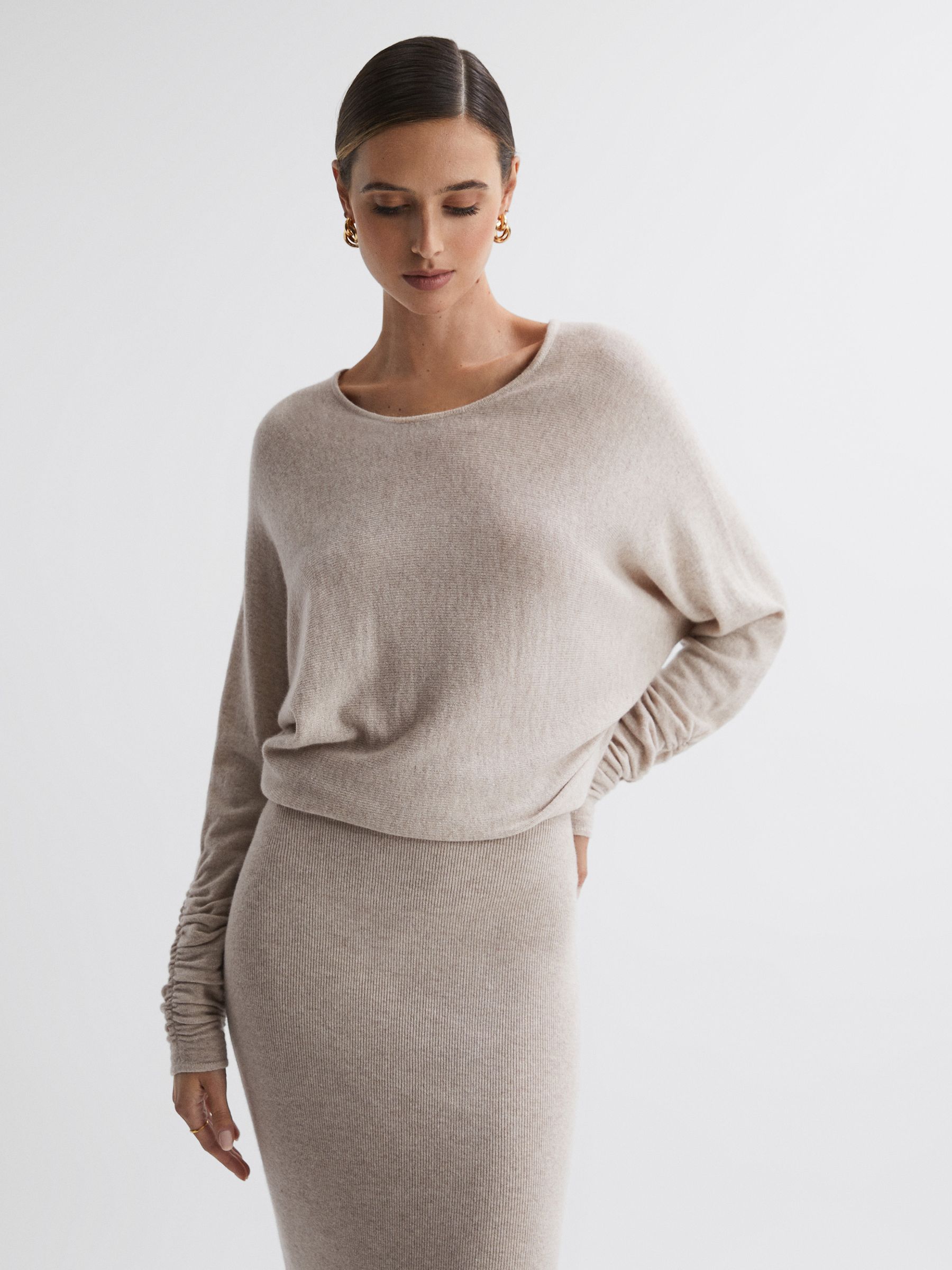 Wool Blend Ruched Sleeve Midi Dress in Neutral - Image 3 of 5