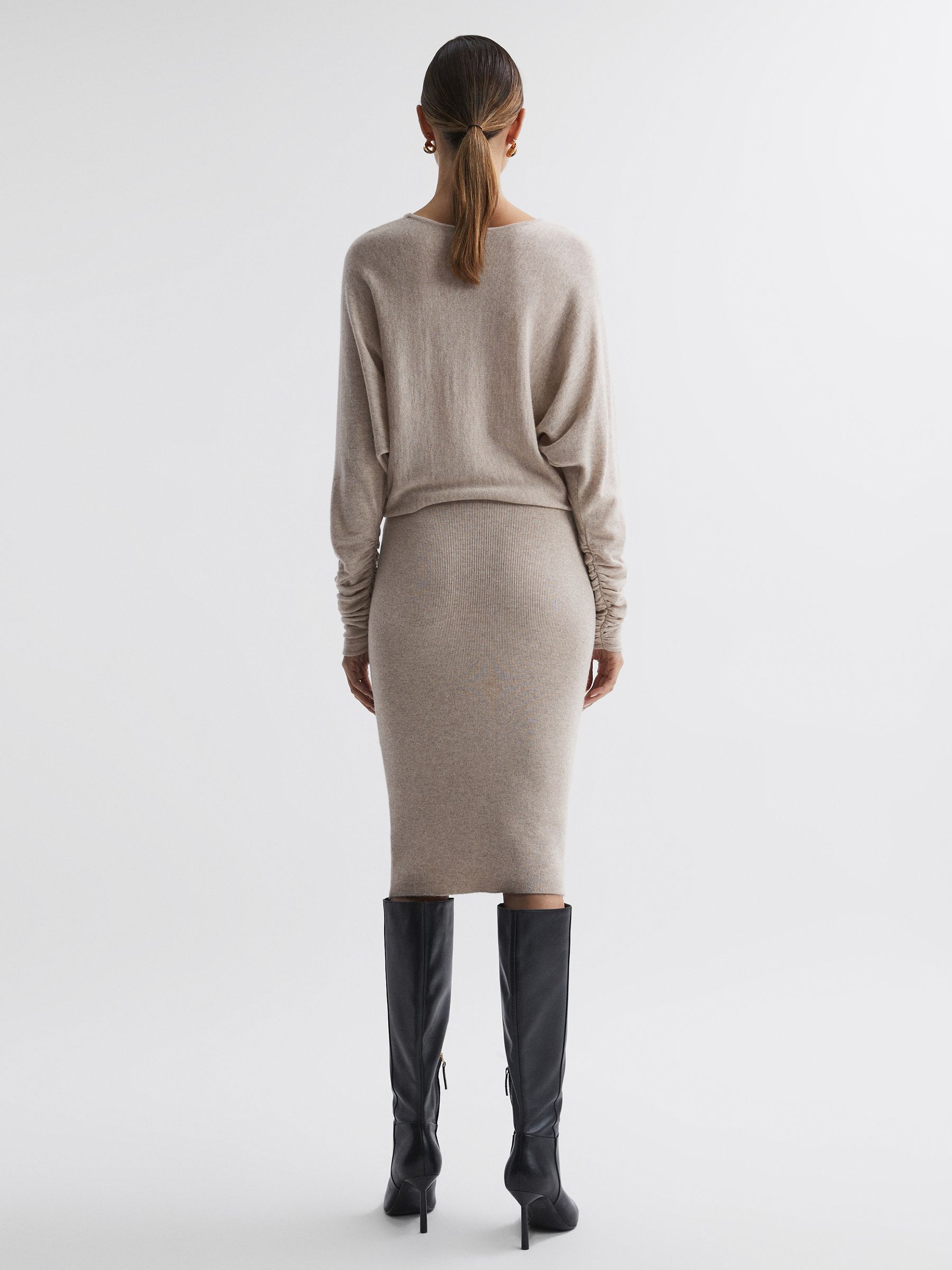 Wool Blend Ruched Sleeve Midi Dress in Neutral - Image 5 of 5