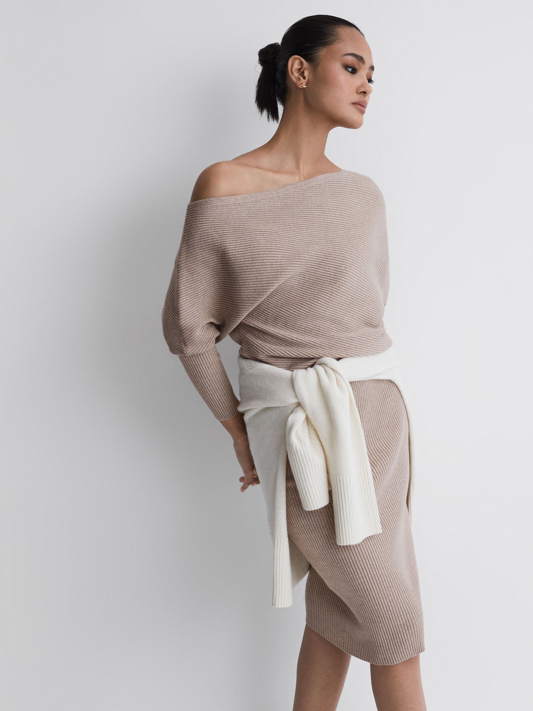 Off-The-Shoulder Ribbed Midi Dress in Neutral - Image 4 of 5