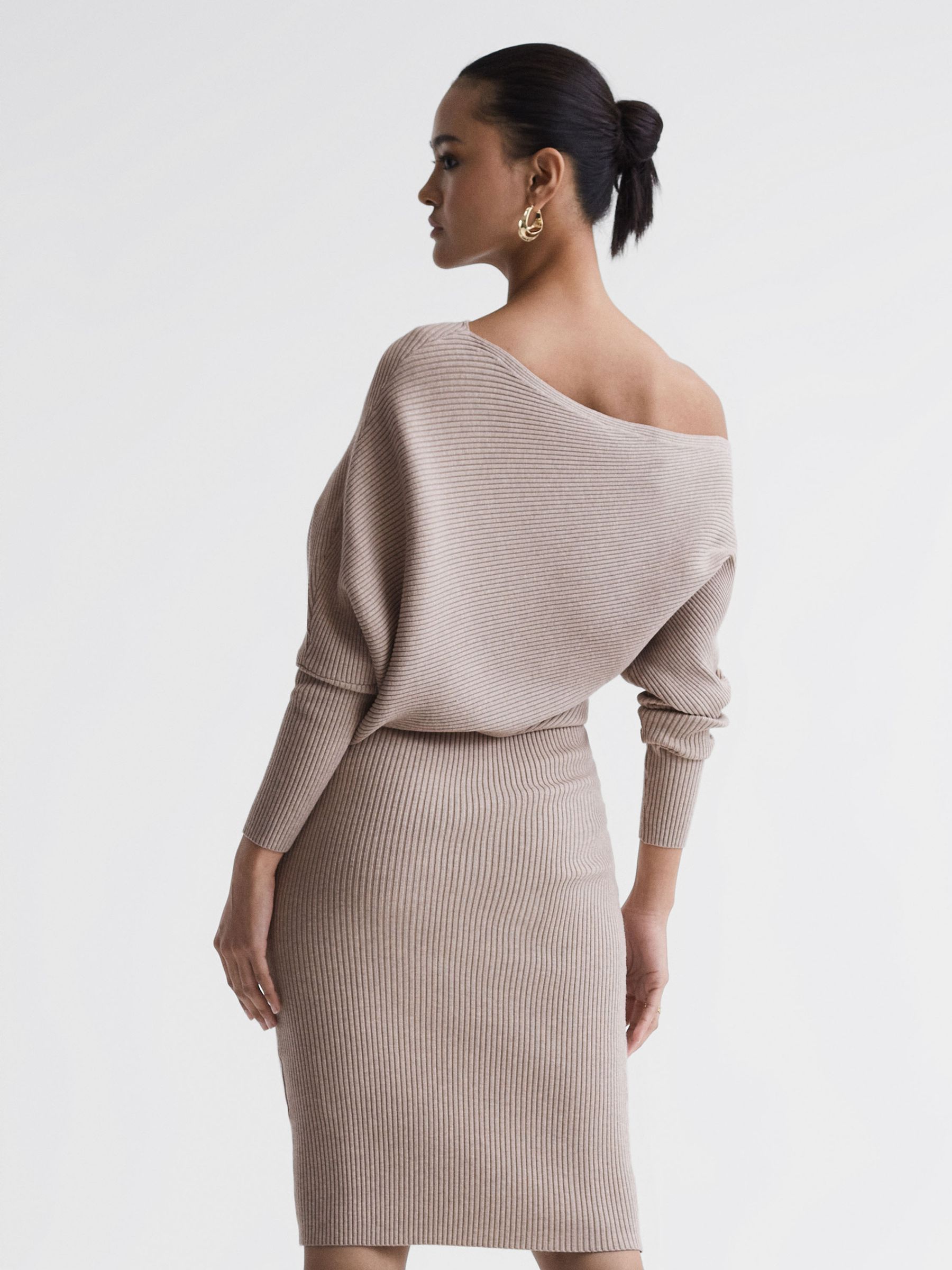 Off-The-Shoulder Ribbed Midi Dress in Neutral - Image 5 of 5