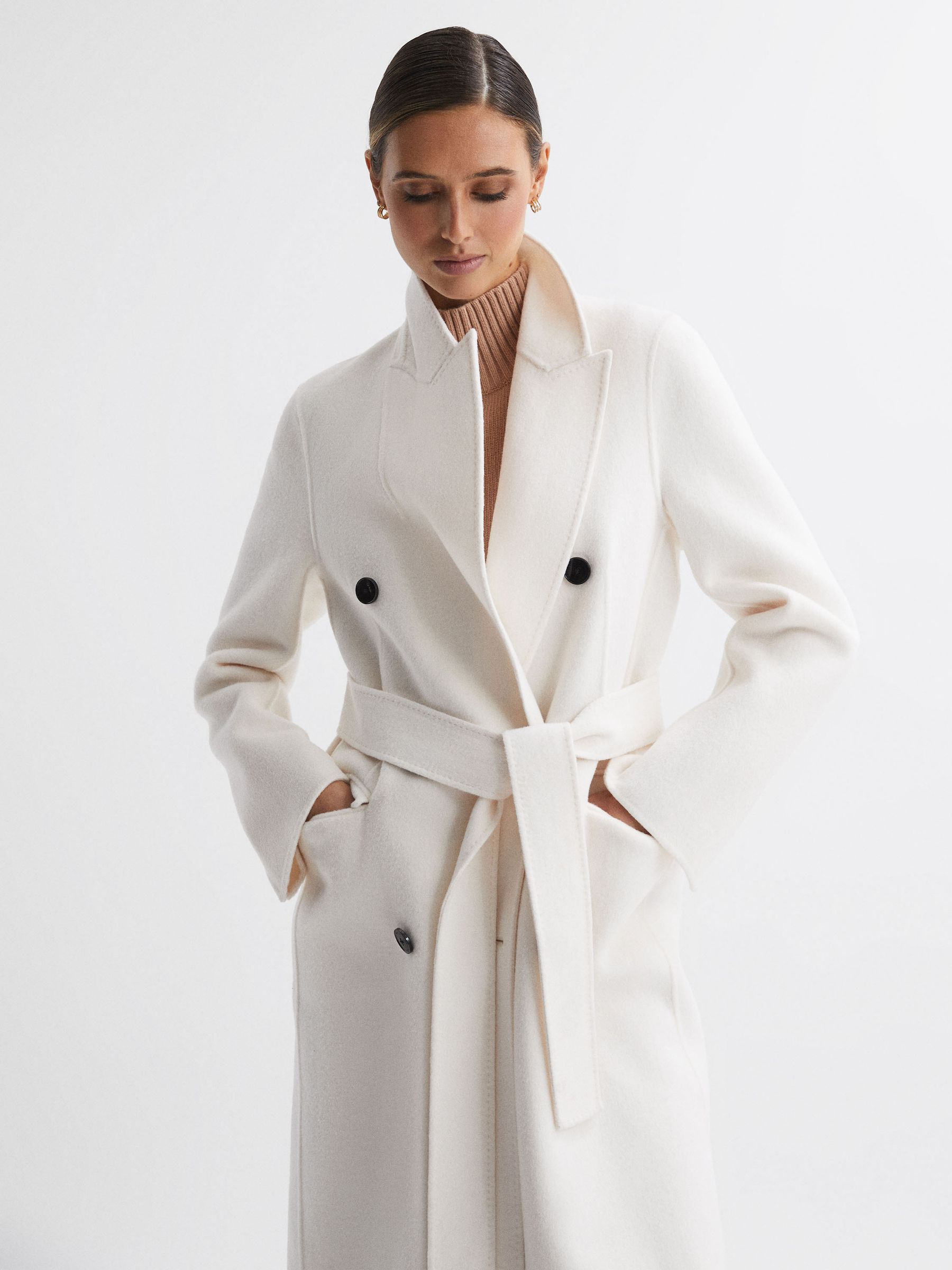 Petite Relaxed Wool Blend Blindseam Belted Coat in Cream - Image 3 of 6
