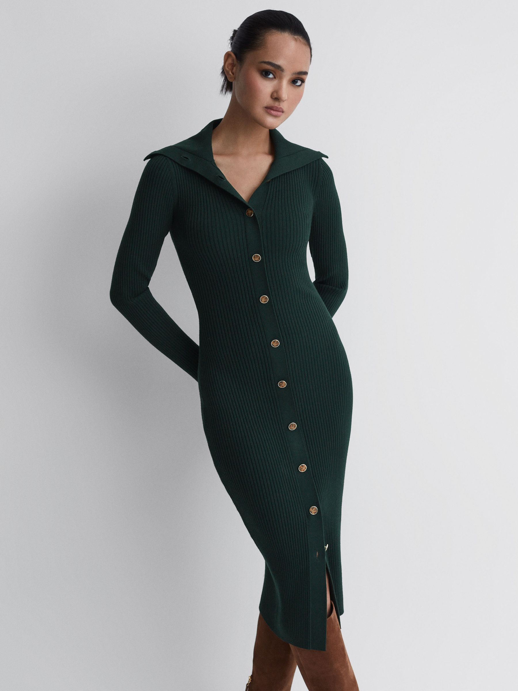 Button Through Bodycon Midi Dress in Green - Image 1 of 5