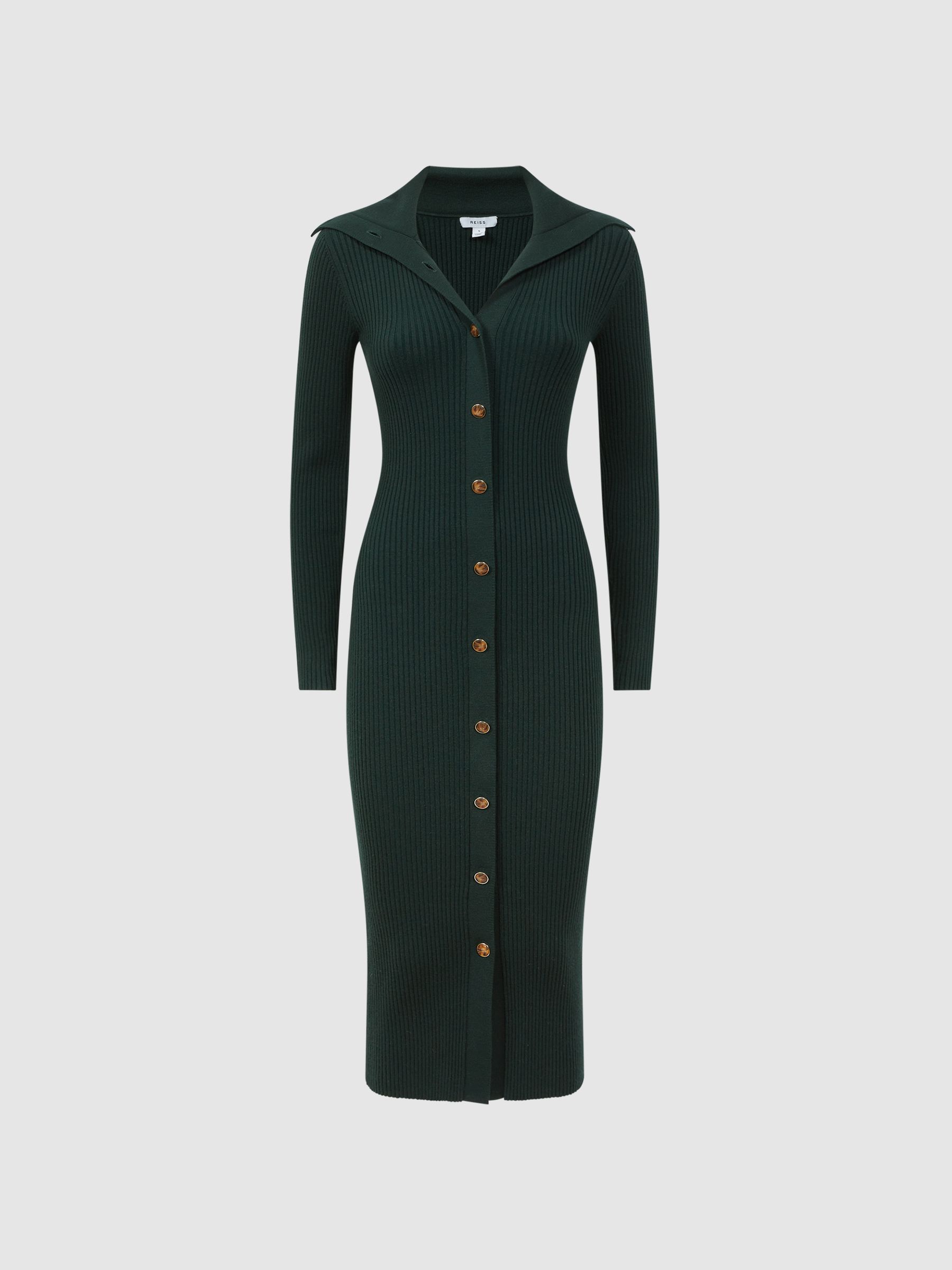Button Through Bodycon Midi Dress in Green - Image 2 of 5