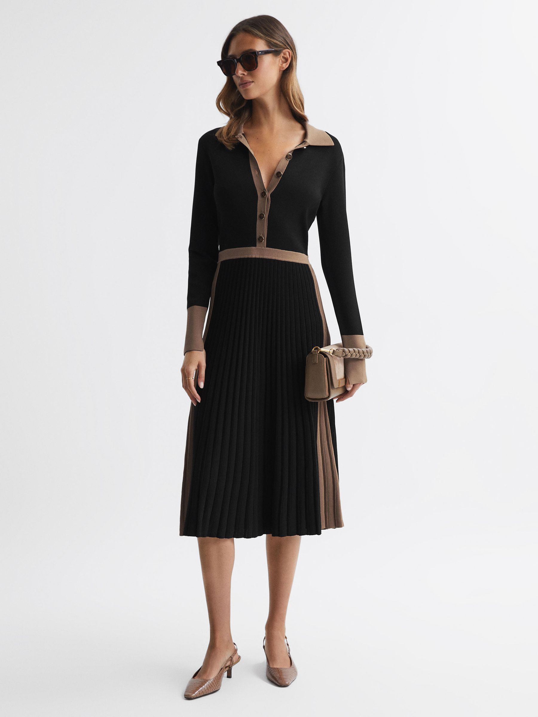 Knitted Colourblock Pleated Midi Dress in Black/Camel - Image 1 of 4 Knitted Colourblock Pleated Midi Dress in Black/Camel - Image 1 of 4