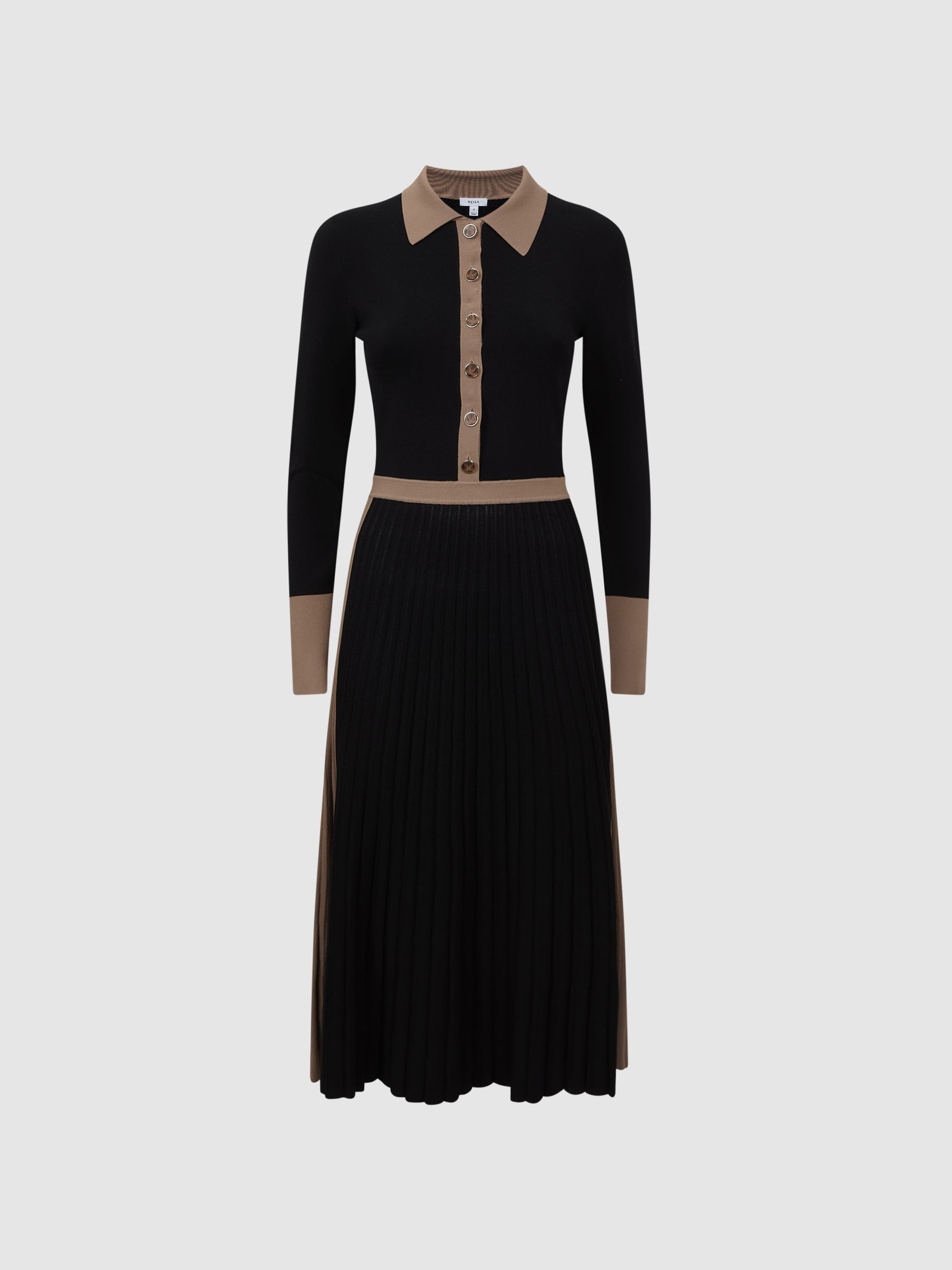 Knitted Colourblock Pleated Midi Dress in Black/Camel - Image 2 of 4 Knitted Colourblock Pleated Midi Dress in Black/Camel - Image 2 of 4