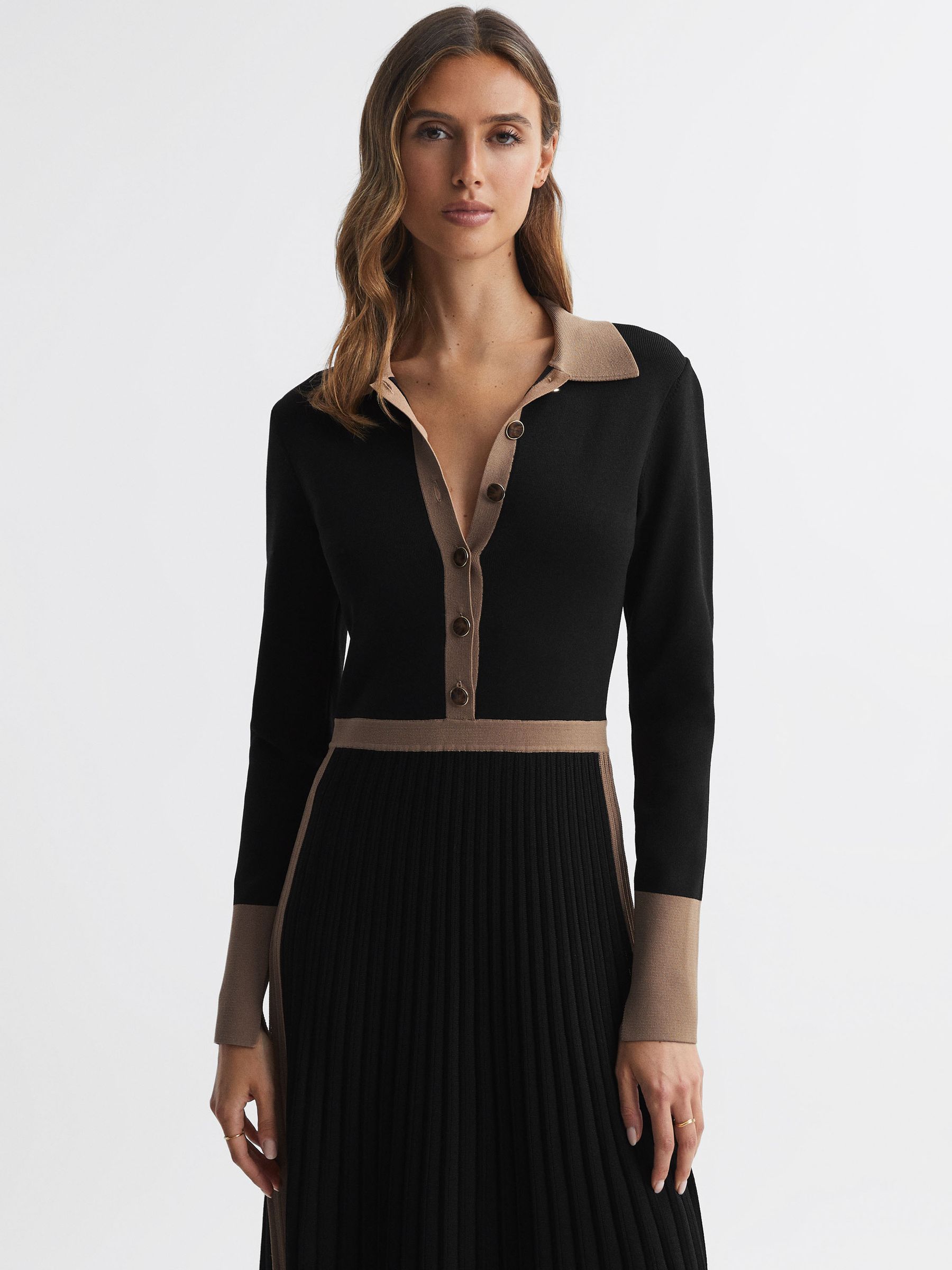 Knitted Colourblock Pleated Midi Dress in Black/Camel - Image 3 of 4