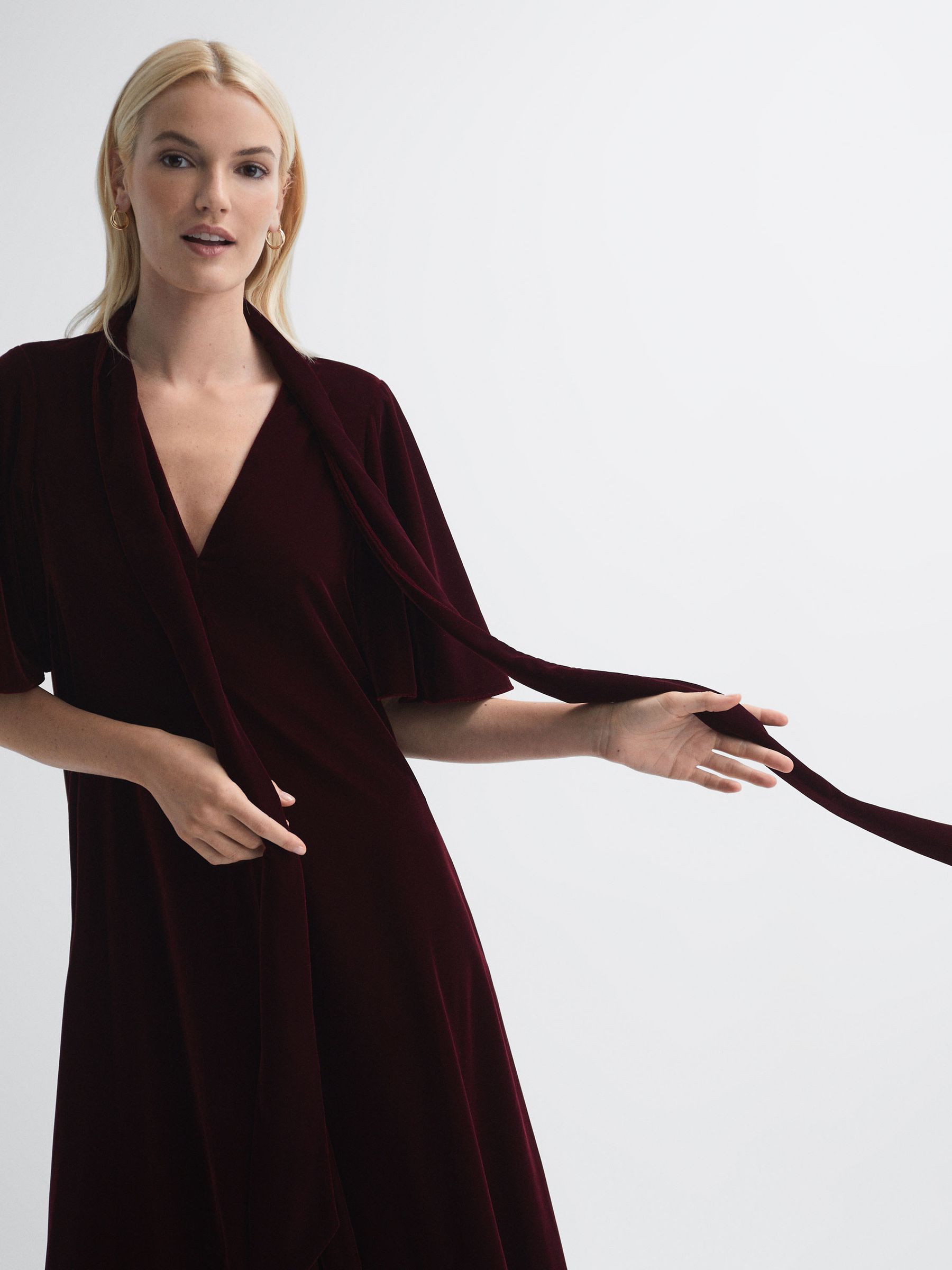 Florere Velvet Tie Neck Midi Dress in Burgundy - Image 1 of 6