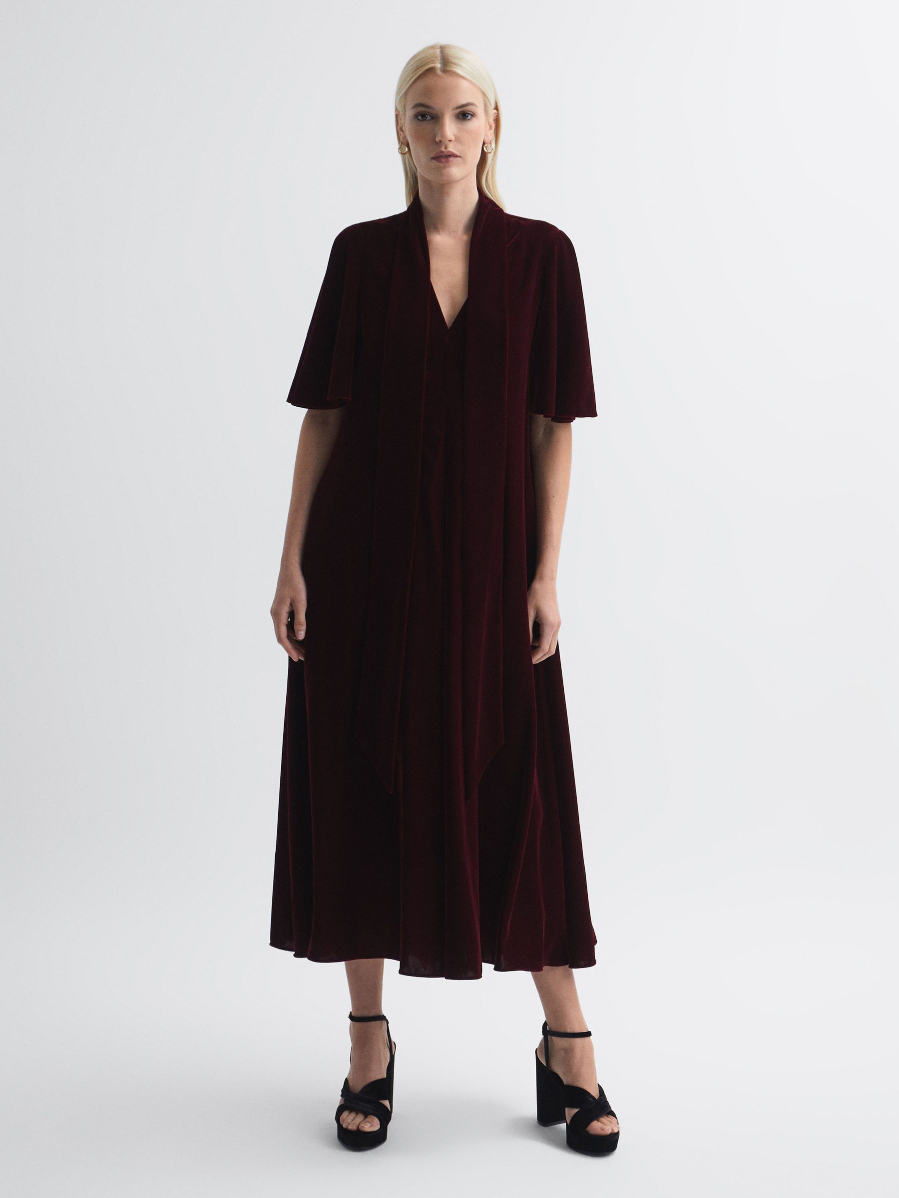 Florere Velvet Tie Neck Midi Dress in Burgundy - Image 3 of 6
