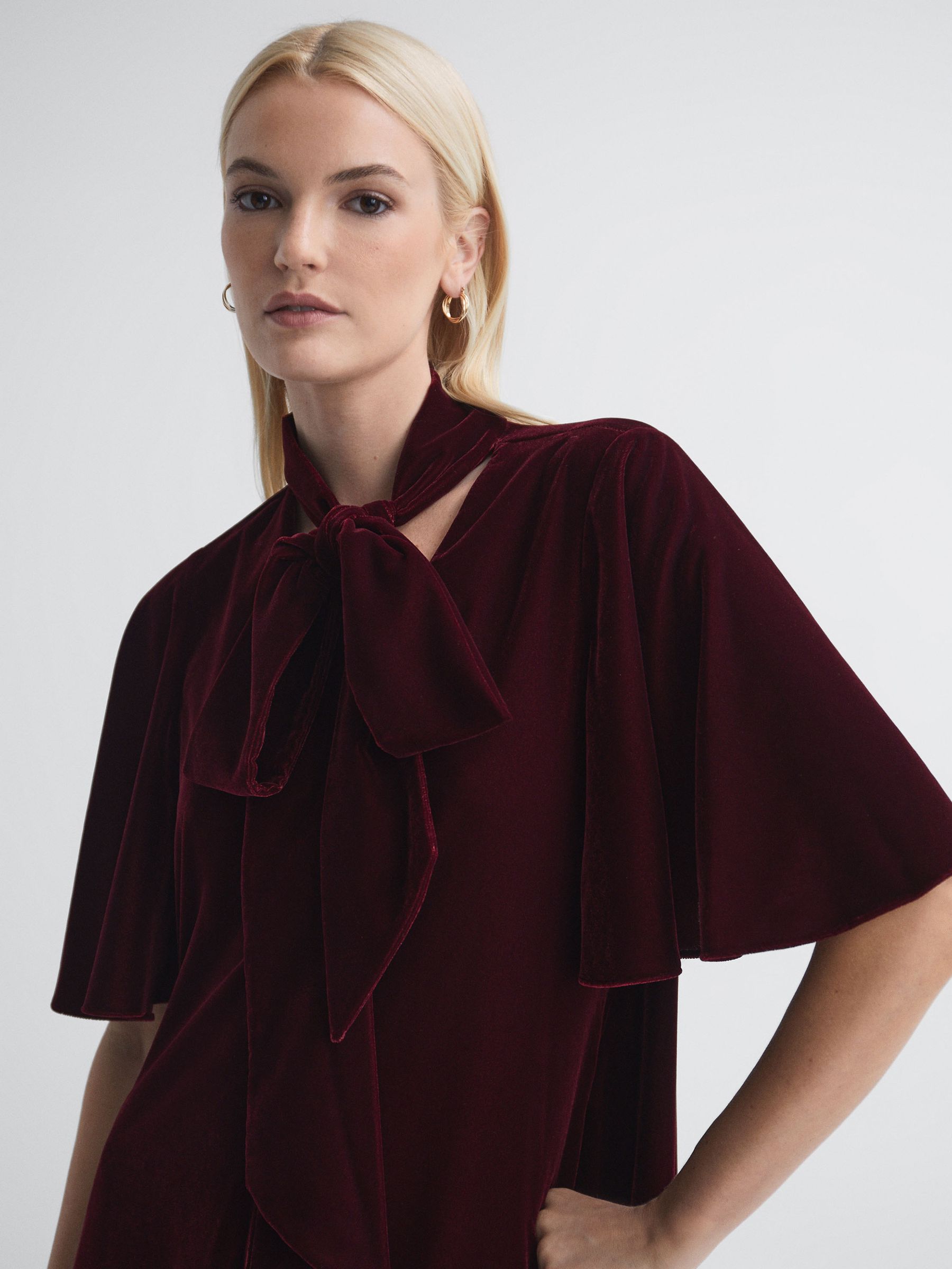 Florere Velvet Tie Neck Midi Dress in Burgundy - Image 4 of 6