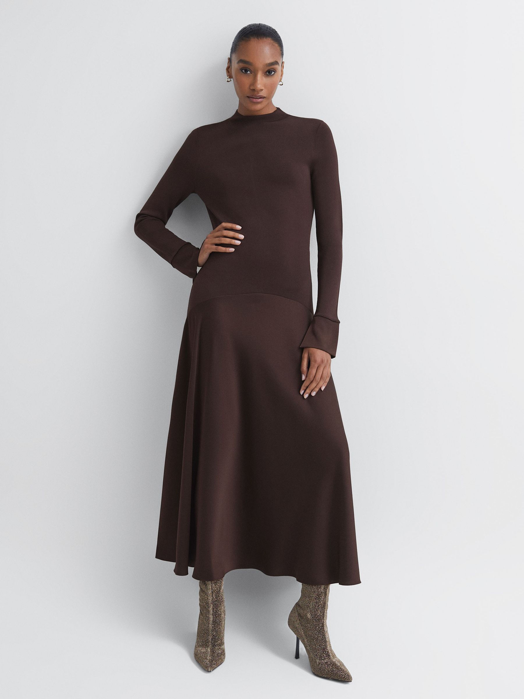 Florere Knitted Satin Midi Dress in Chocolate - Image 1 of 6