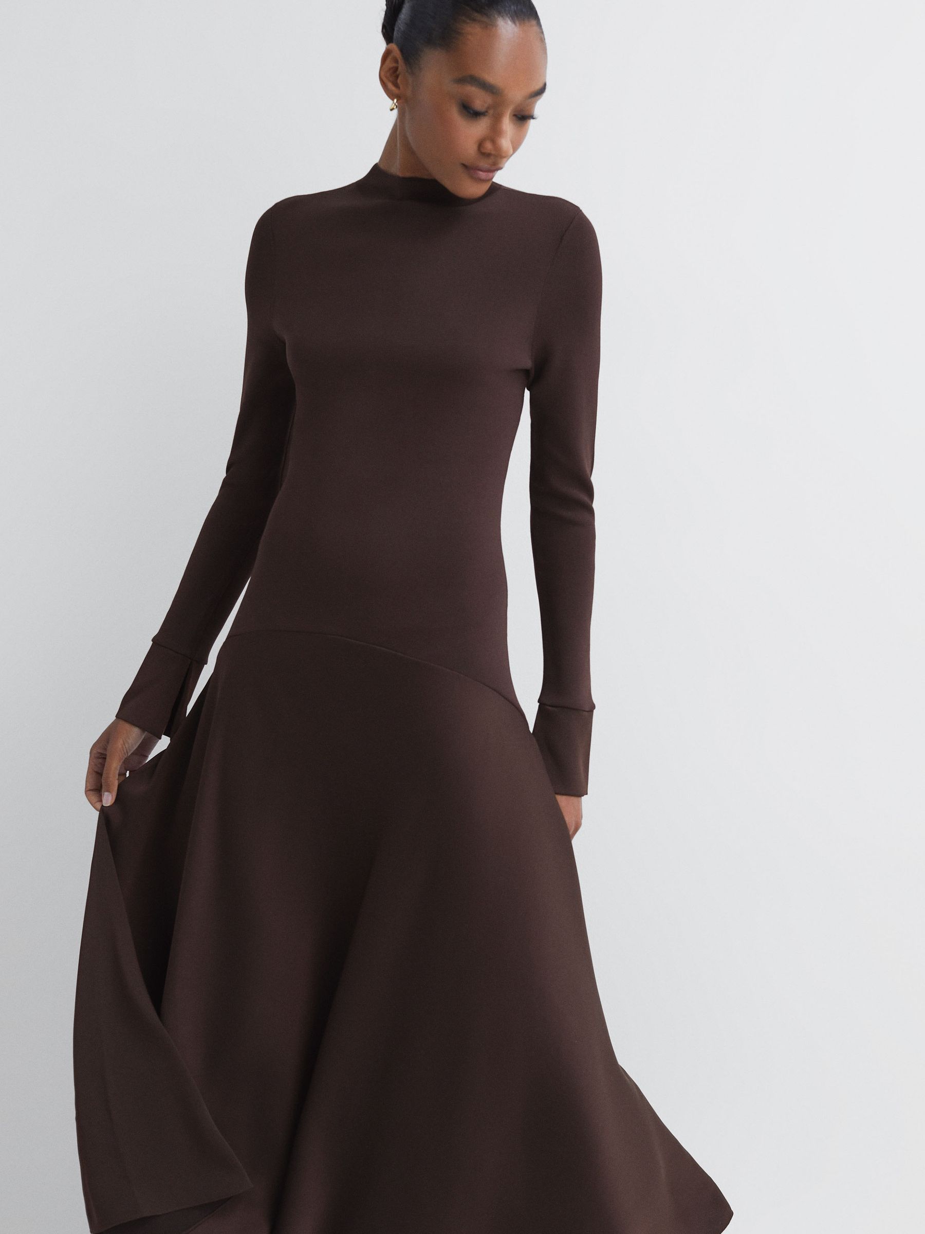Florere Knitted Satin Midi Dress in Chocolate - Image 3 of 6