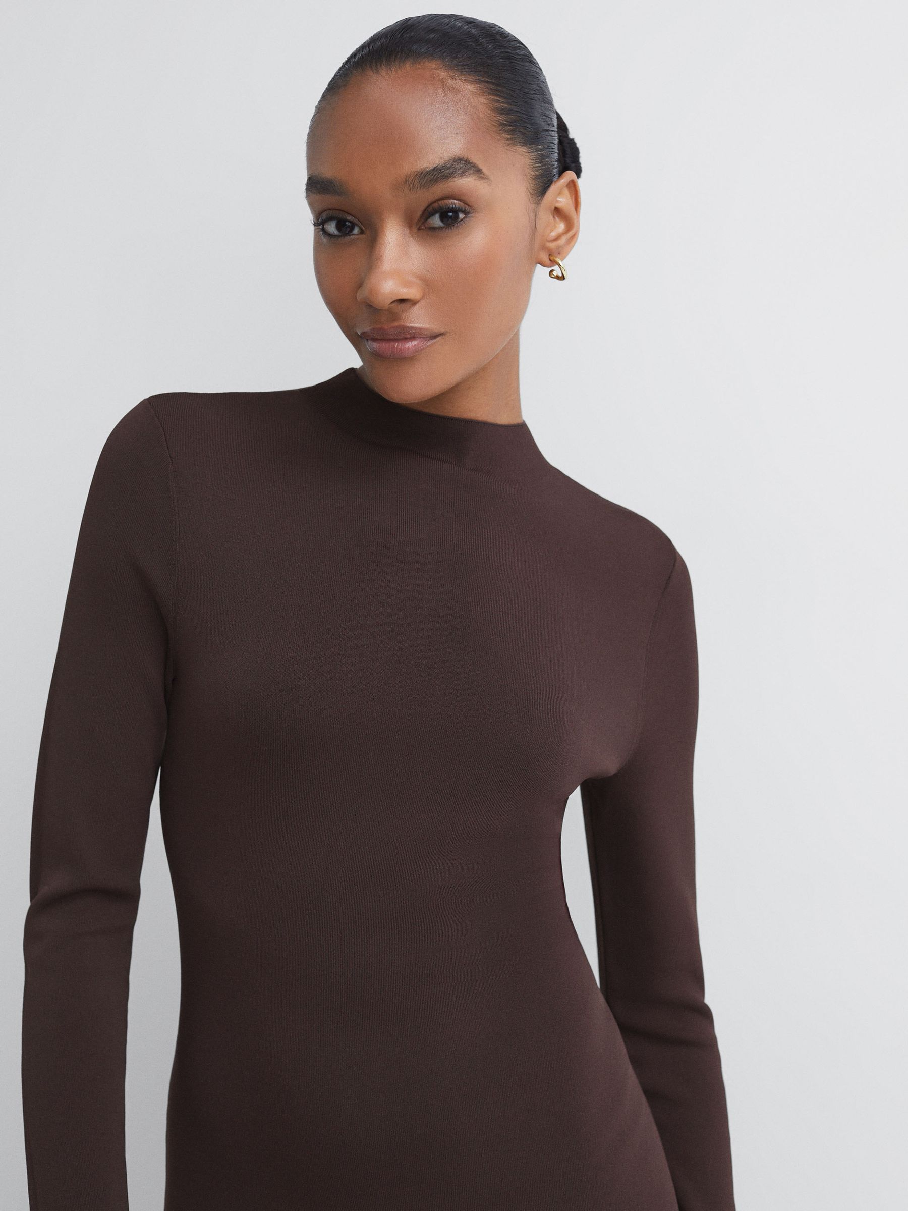 Florere Knitted Satin Midi Dress in Chocolate - Image 4 of 6