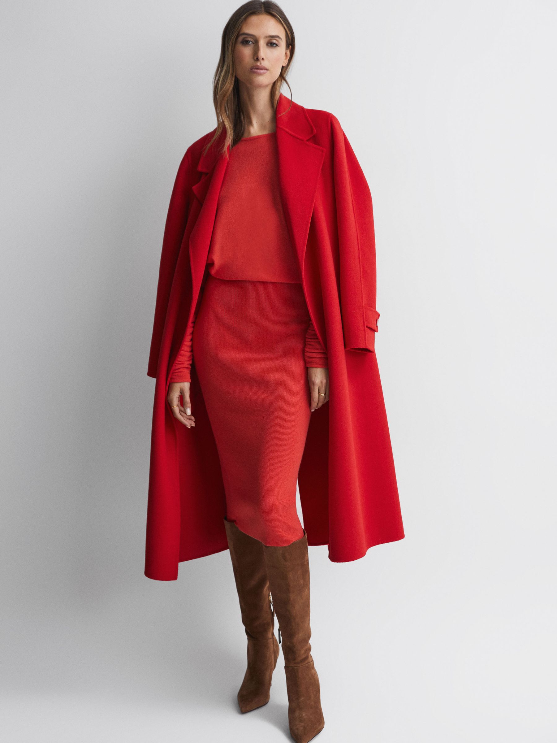Wool Blend Ruched Sleeve Midi Dress in Red - Image 3 of 5