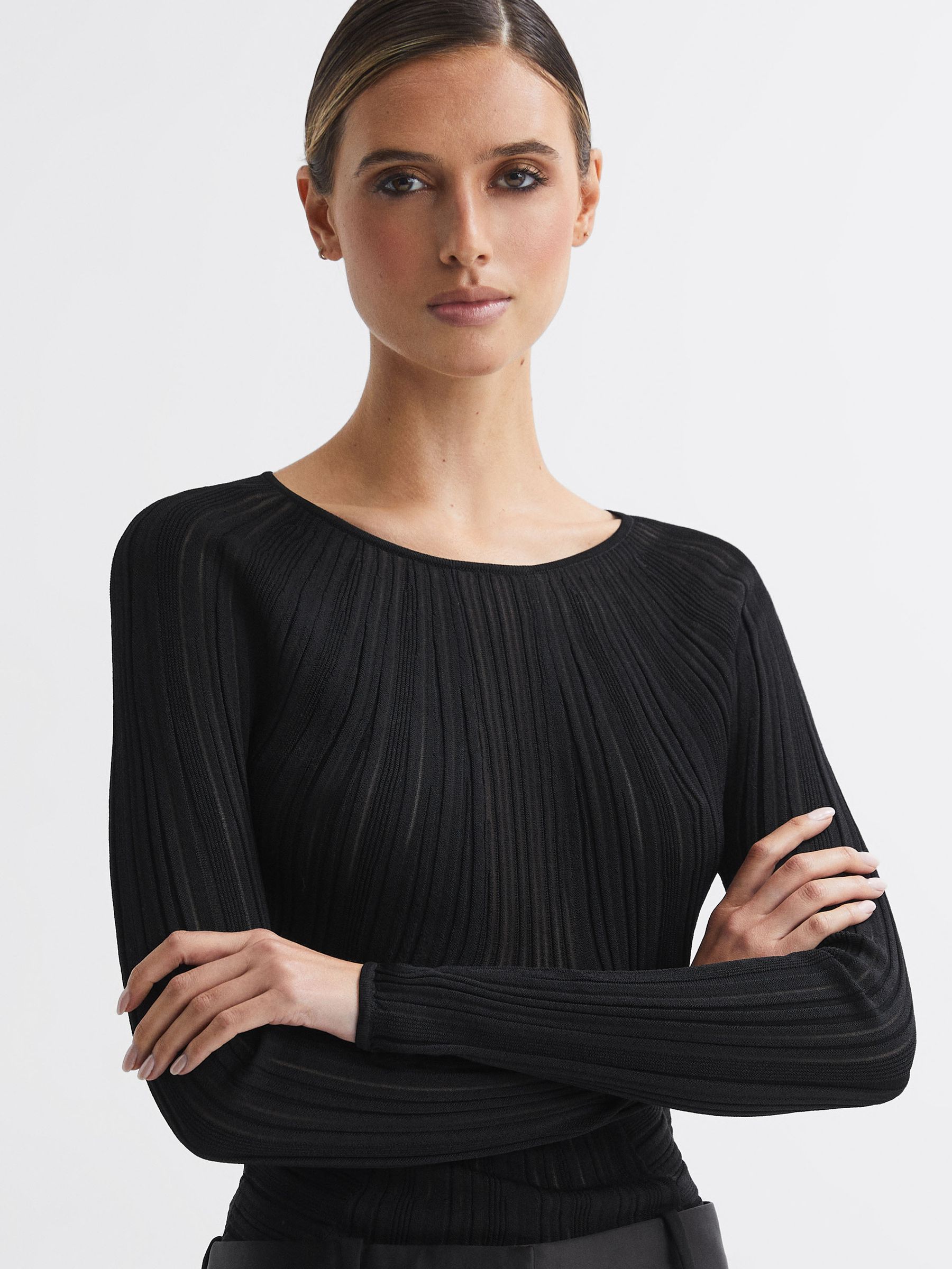 Sheer Knitted Long Sleeve Top in Black - Image 1 of 5