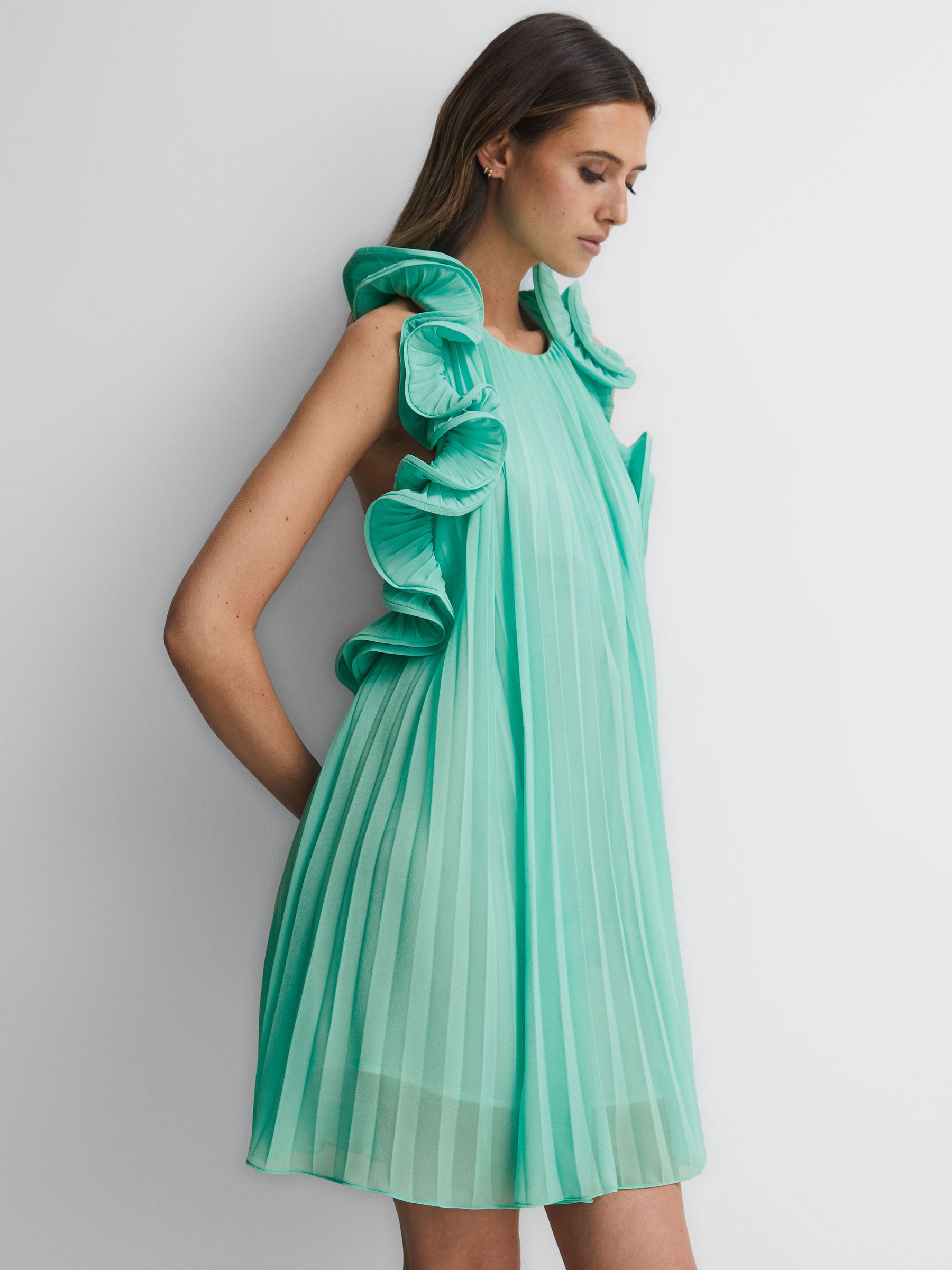 Amur Halter Neck Frill Mini Dress in Green - Image 1 of 6