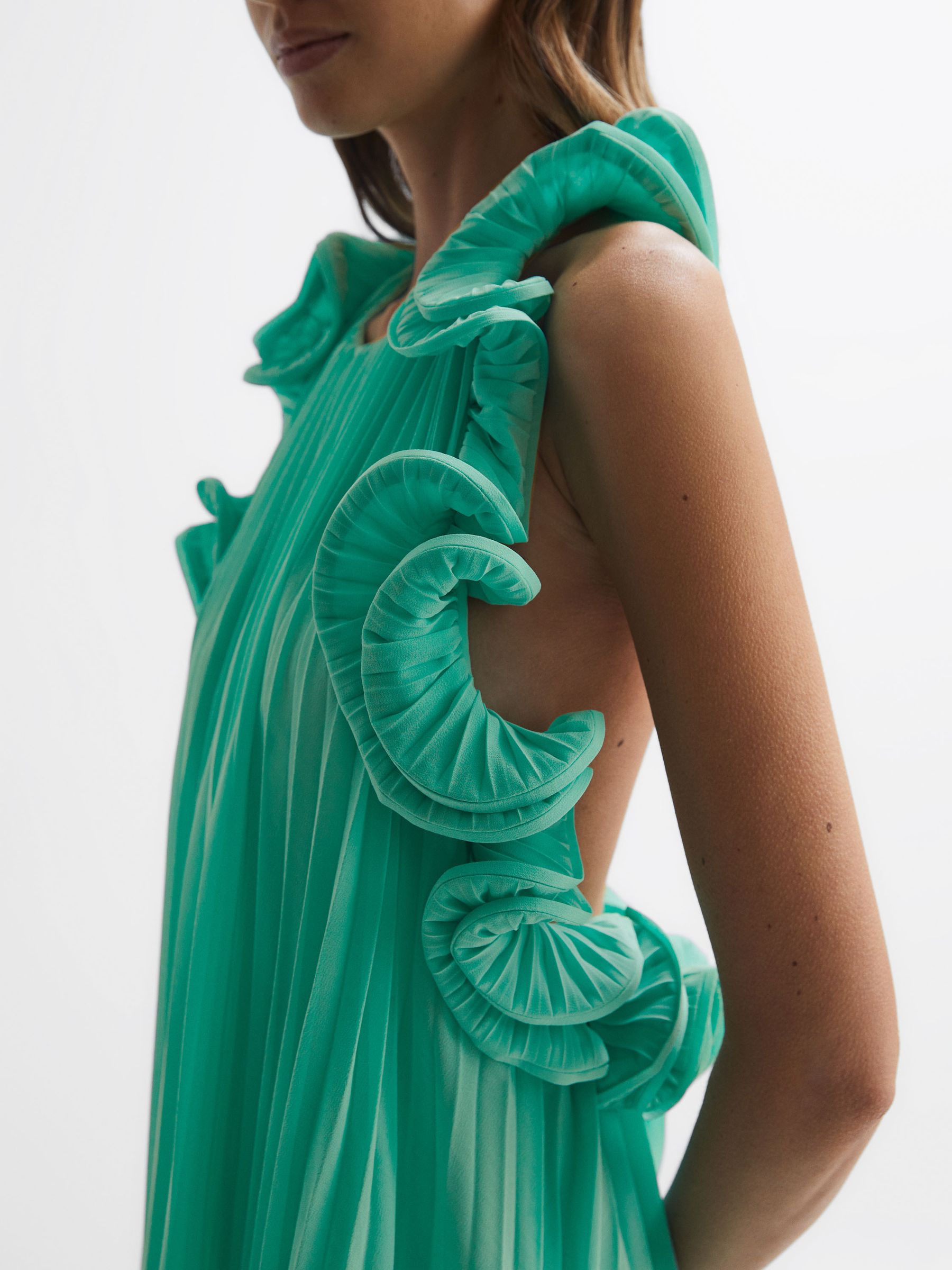 Amur Halter Neck Frill Mini Dress in Green - Image 3 of 6