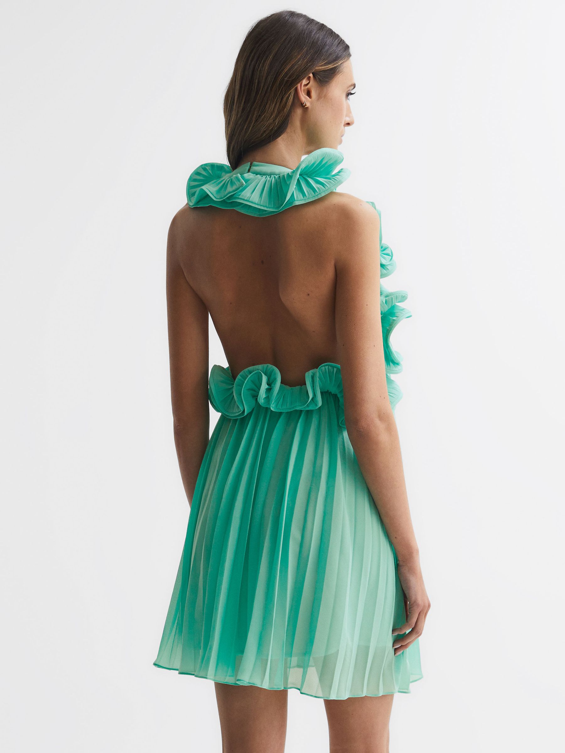 Amur Halter Neck Frill Mini Dress in Green - Image 5 of 6