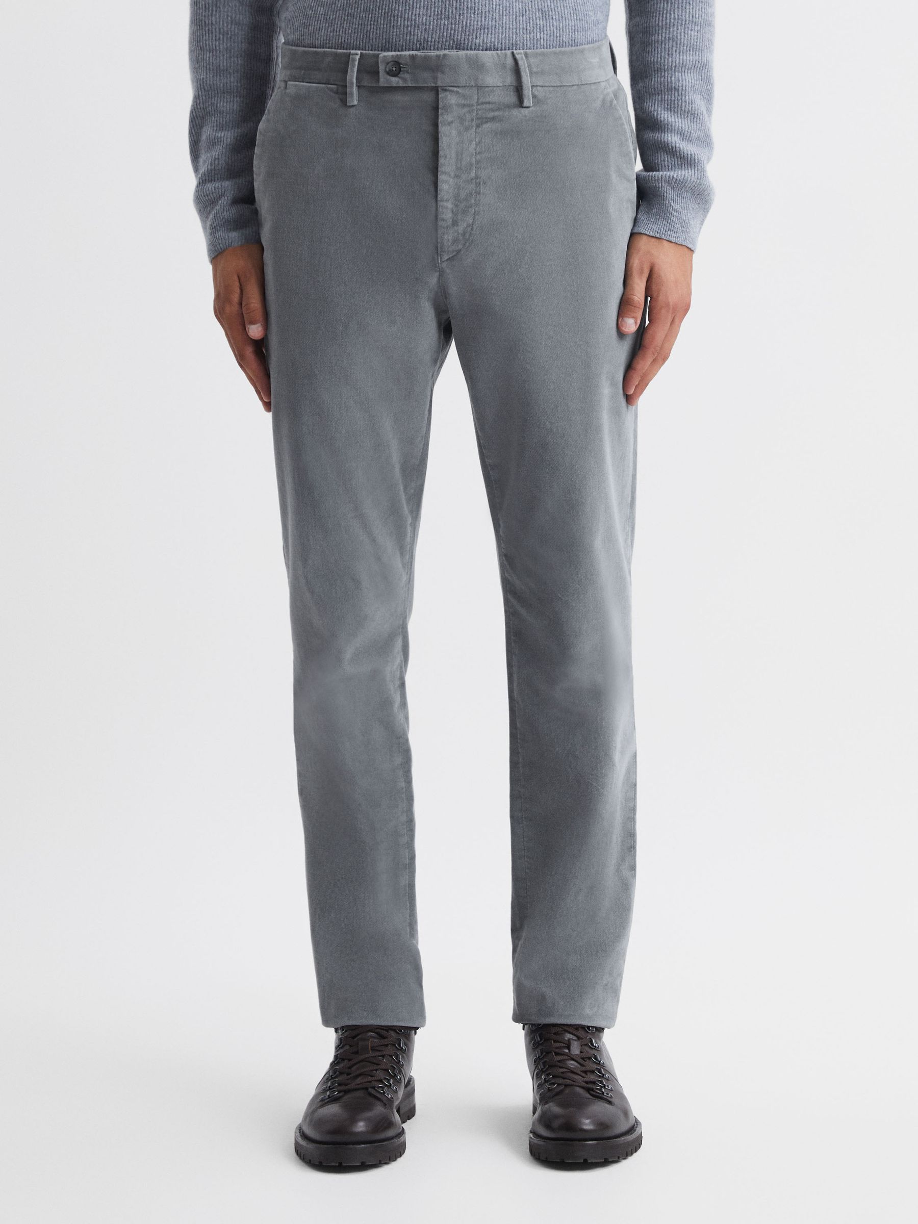 Slim Fit Brushed Cotton Trousers in Grey - Image 1 of 4