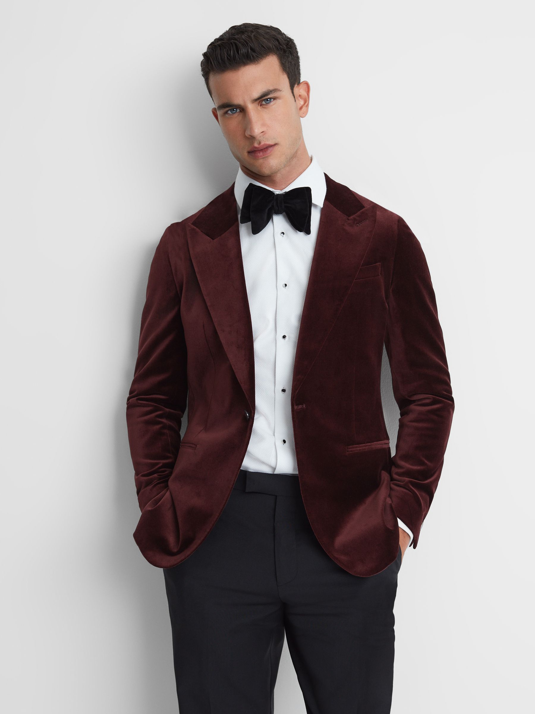 Slim Fit Velvet Single Breasted Blazer in Bordeaux - Image 1 of 7