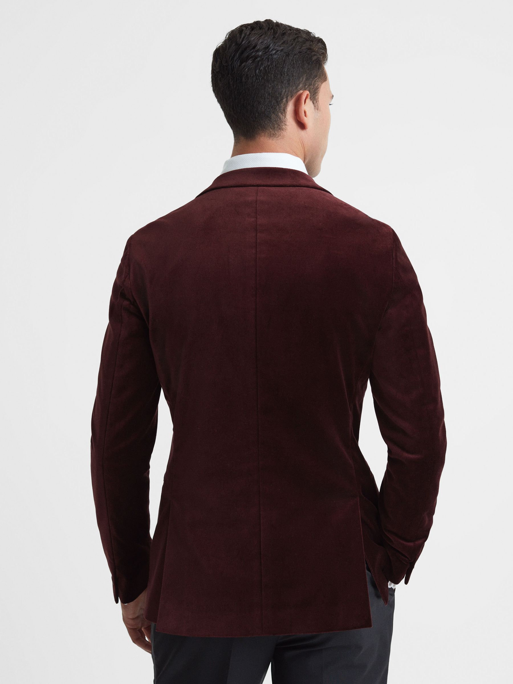 Slim Fit Velvet Single Breasted Blazer in Bordeaux - Image 5 of 7