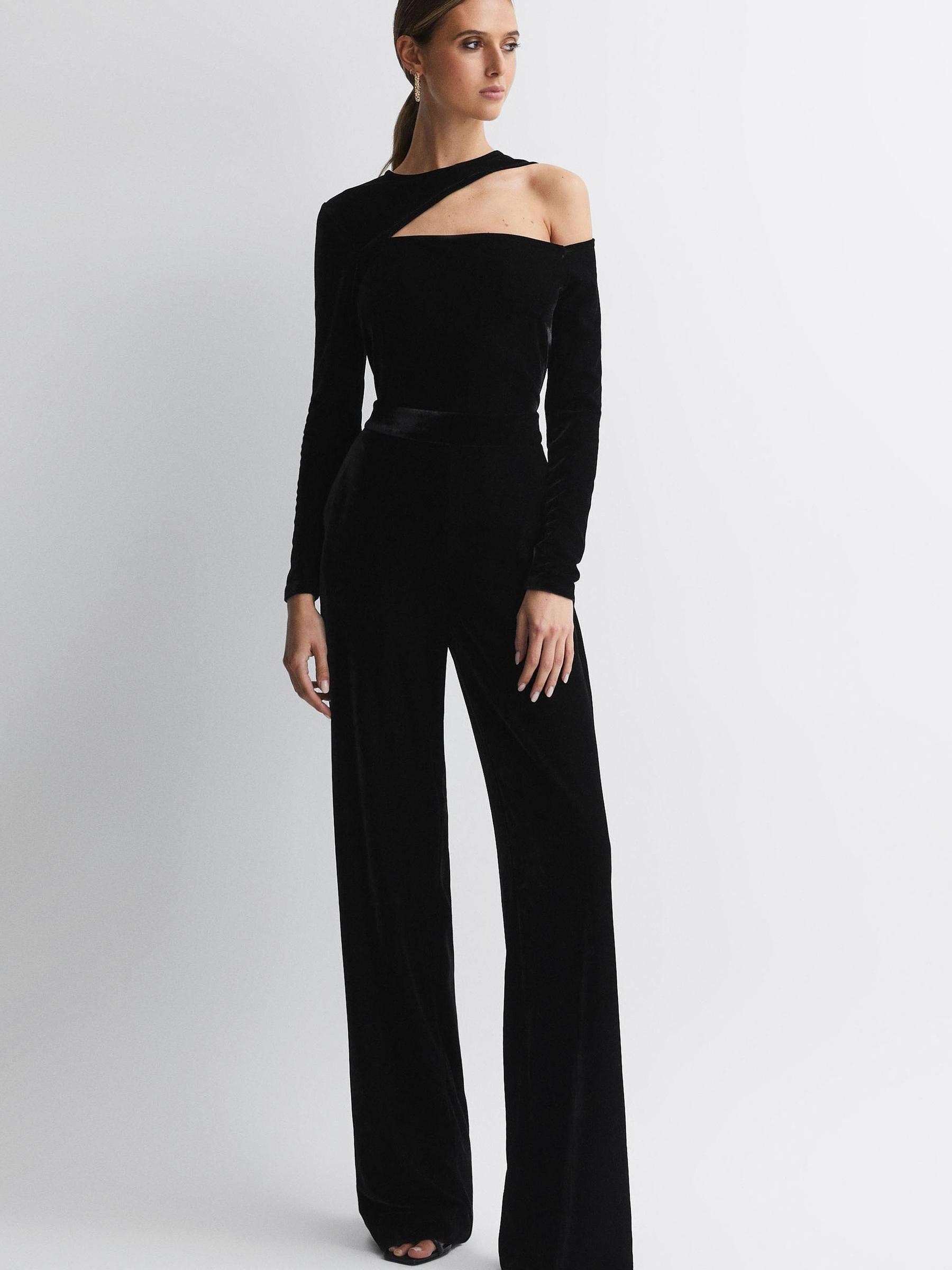 Velvet Off-The-Shoulder Jumpsuit in Black - Image 1 of 5