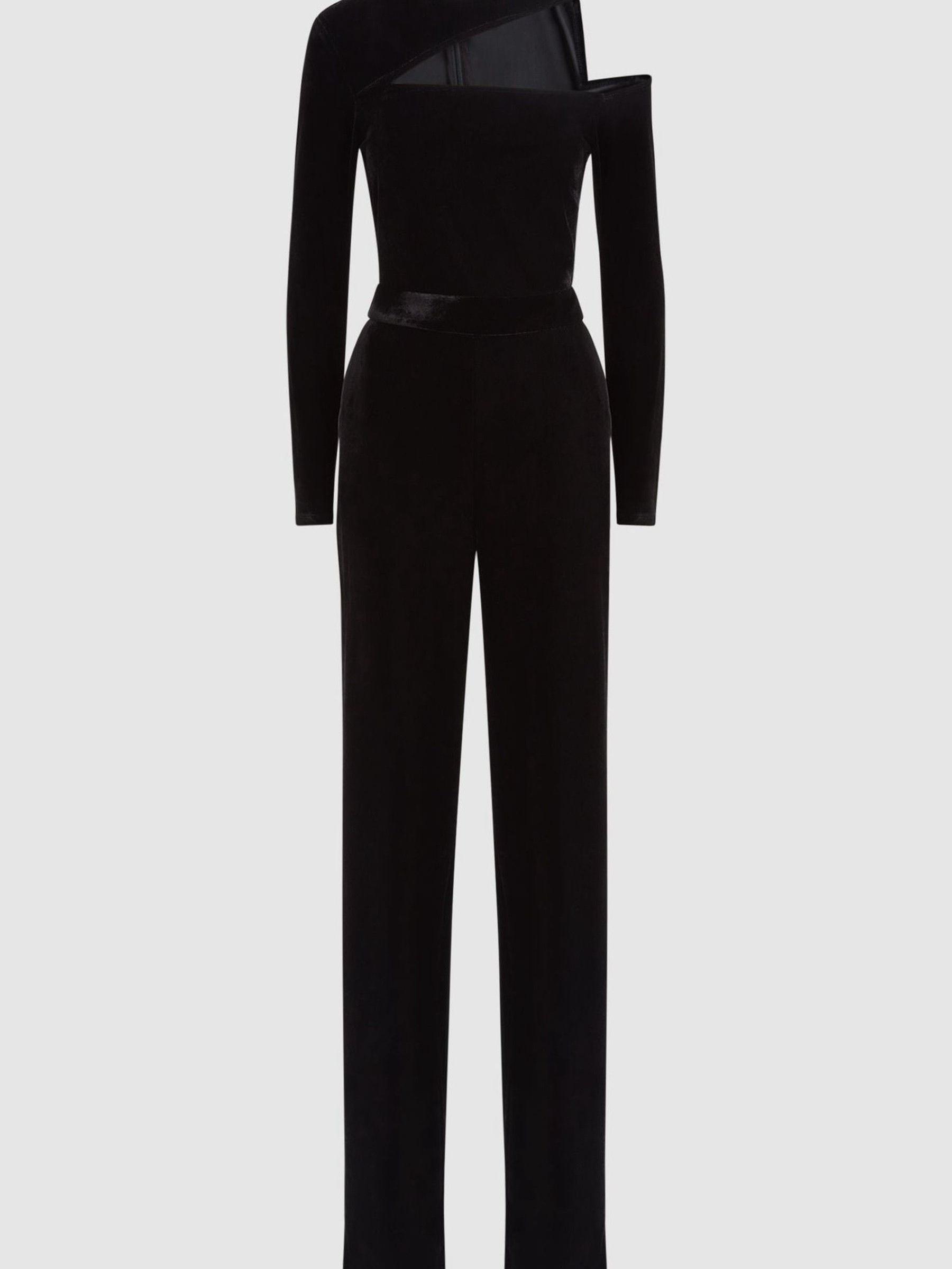 Velvet Off-The-Shoulder Jumpsuit in Black - Image 2 of 5