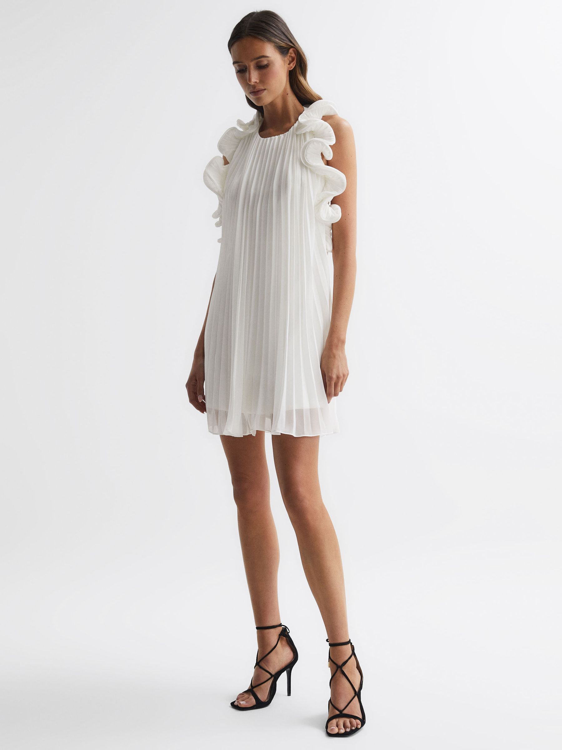 Amur Halter Neck Frill Mini Dress in Off White - Image 3 of 5