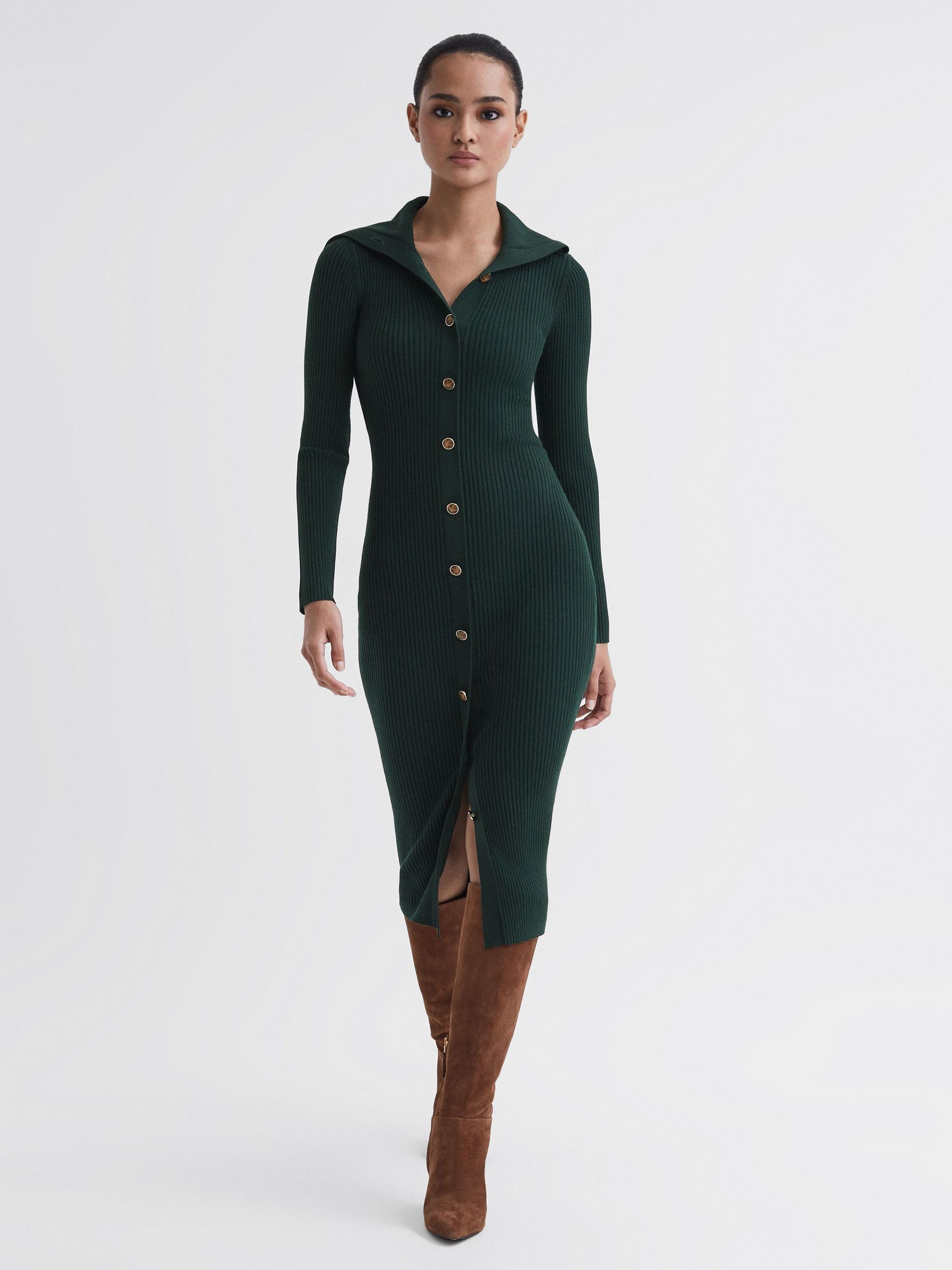 Petite Button Through Bodycon Midi Dress in Green - Image 1 of 6