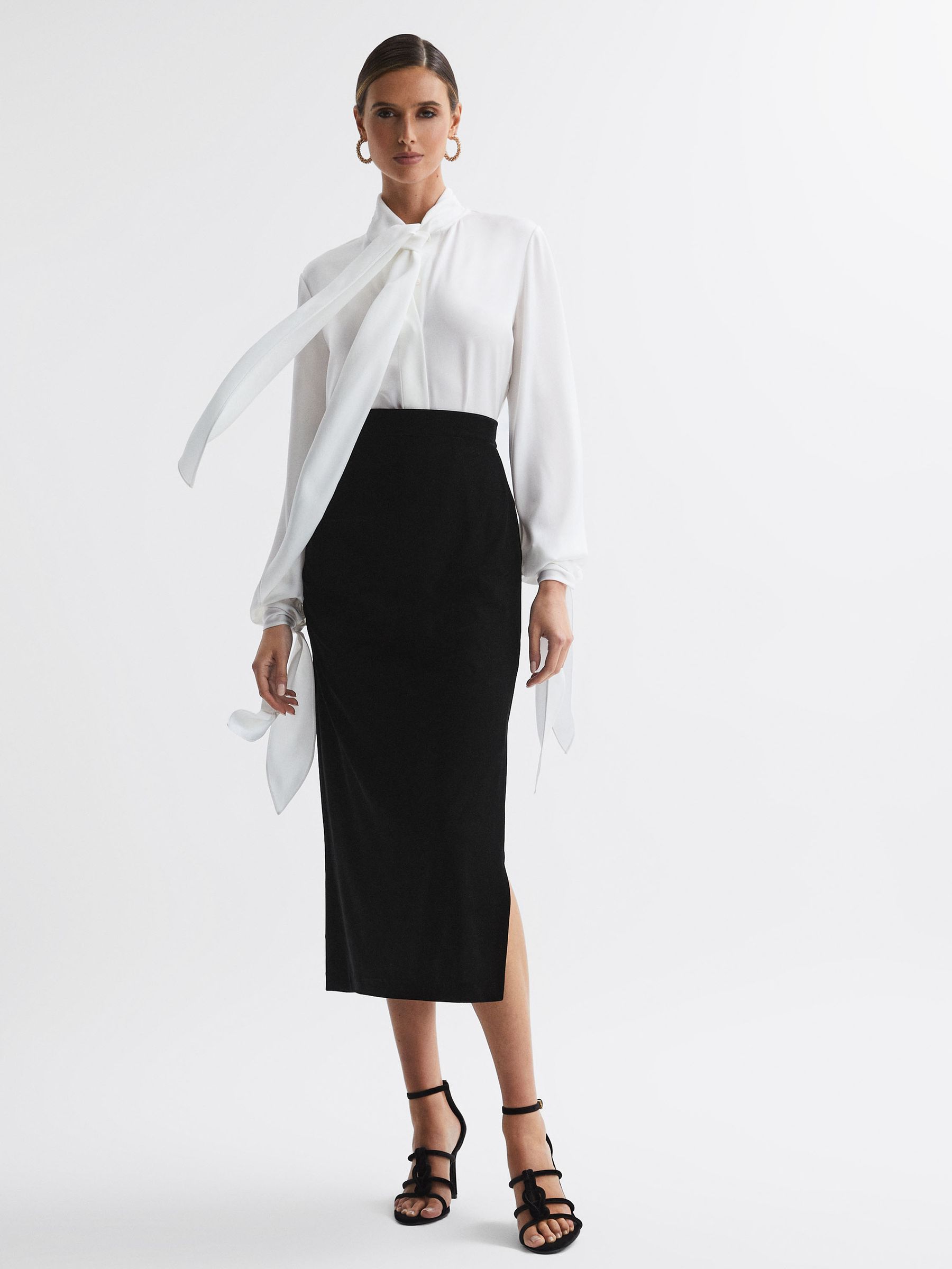 Velvet Ruched Midi Skirt in Black - Image 3 of 5