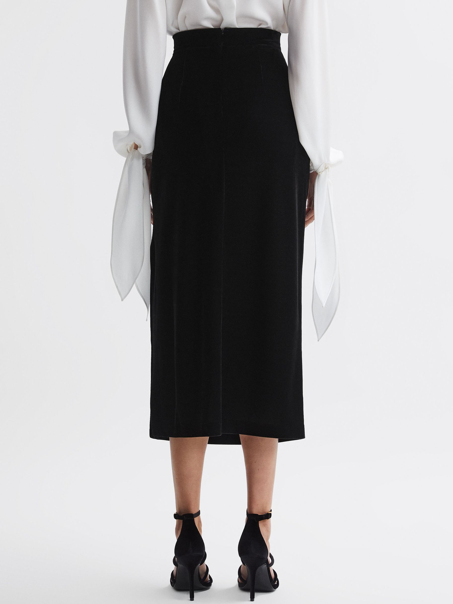 Velvet Ruched Midi Skirt in Black - Image 4 of 5