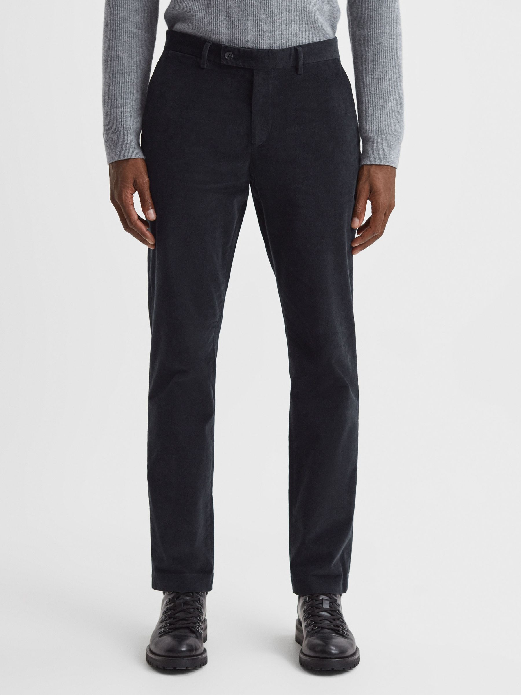 Slim Fit Brushed Cotton Trousers in Navy - Image 1 of 6