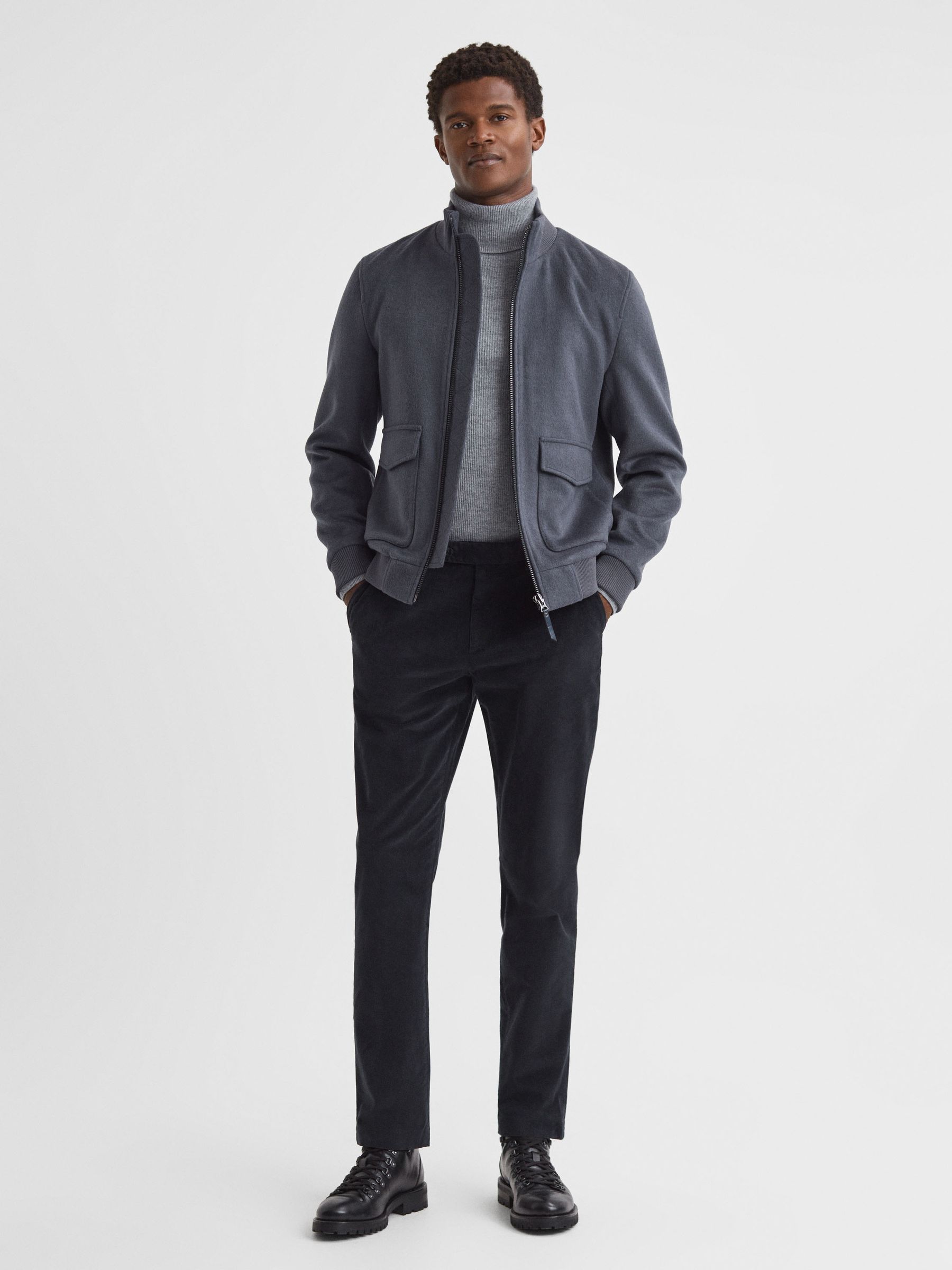 Slim Fit Brushed Cotton Trousers in Navy - Image 3 of 6